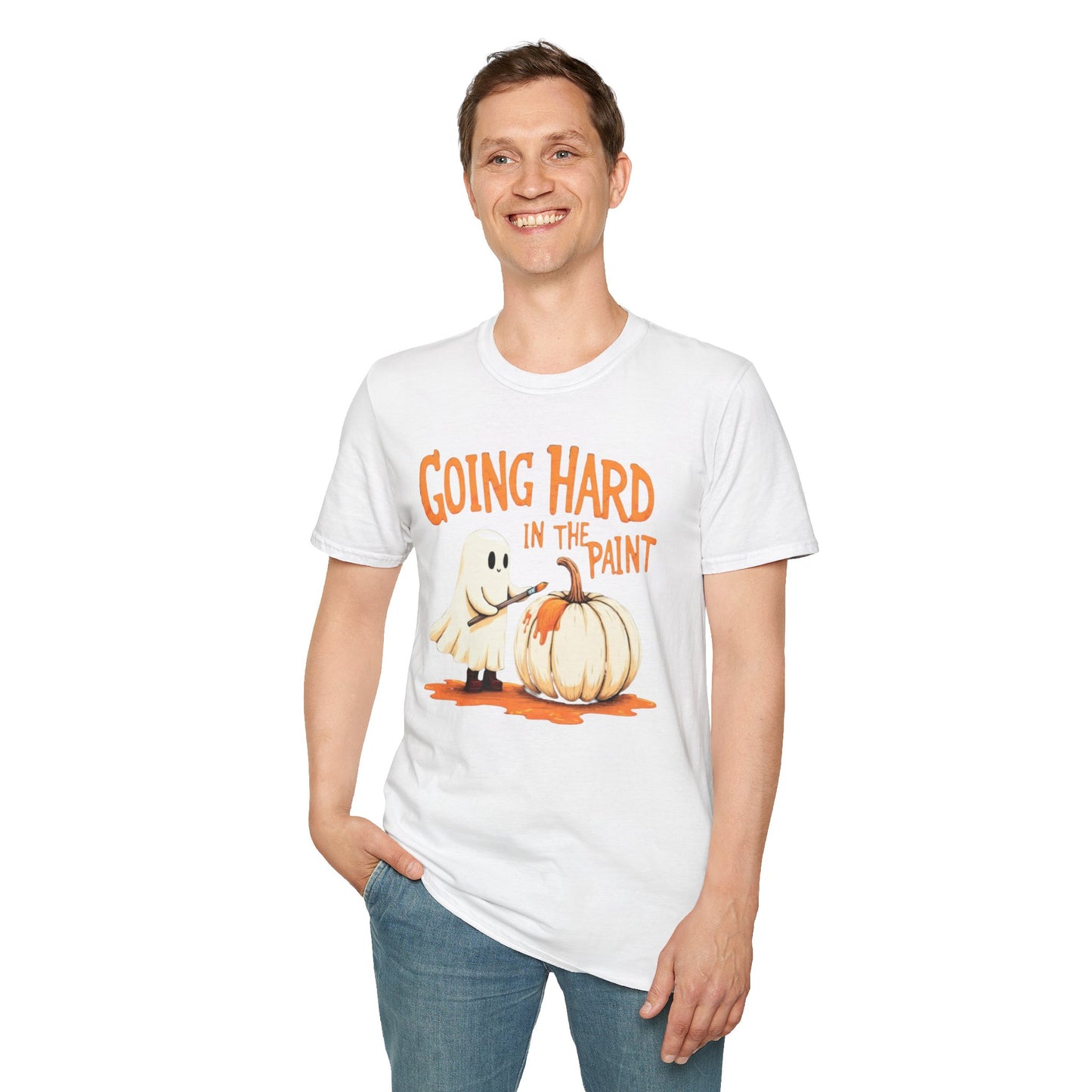 Halloween Ghost painting, T-Shirt, Fun Halloween Shirt, Unisex Softstyle Tee, Autumn Apparel, Pumpkin Design Tee
