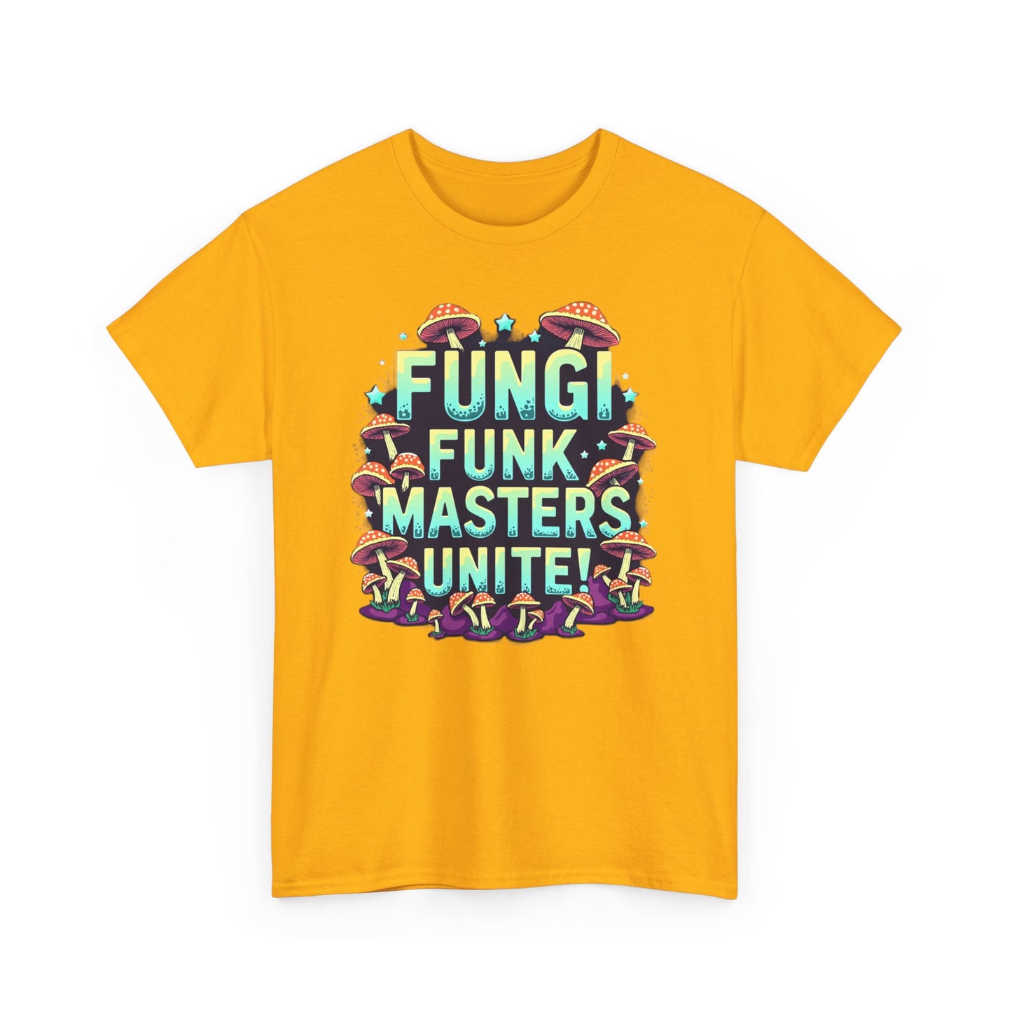 Fungi Funk Masters Unite Unisex Heavy Cotton Tee - Playful Mushroom Graphic T-Shirt - Psychonaut Swag