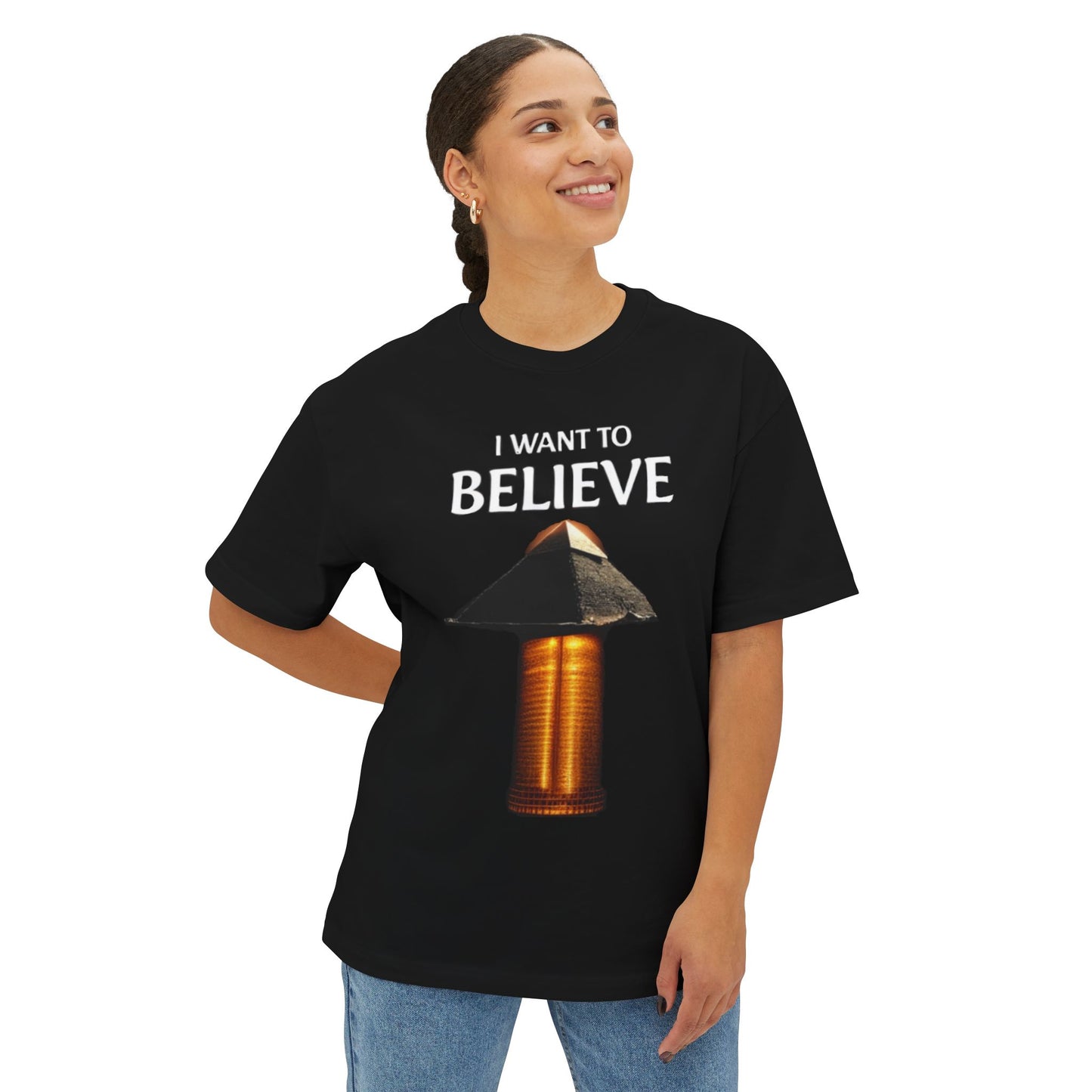 I Want to Believe Pyramid Tee, Unisex Tee, Oversized T-Shirt, UFO Humor Shirt, Gift for Sci-Fi Lovers, Casual Graphic Top - Psychonaut Swag