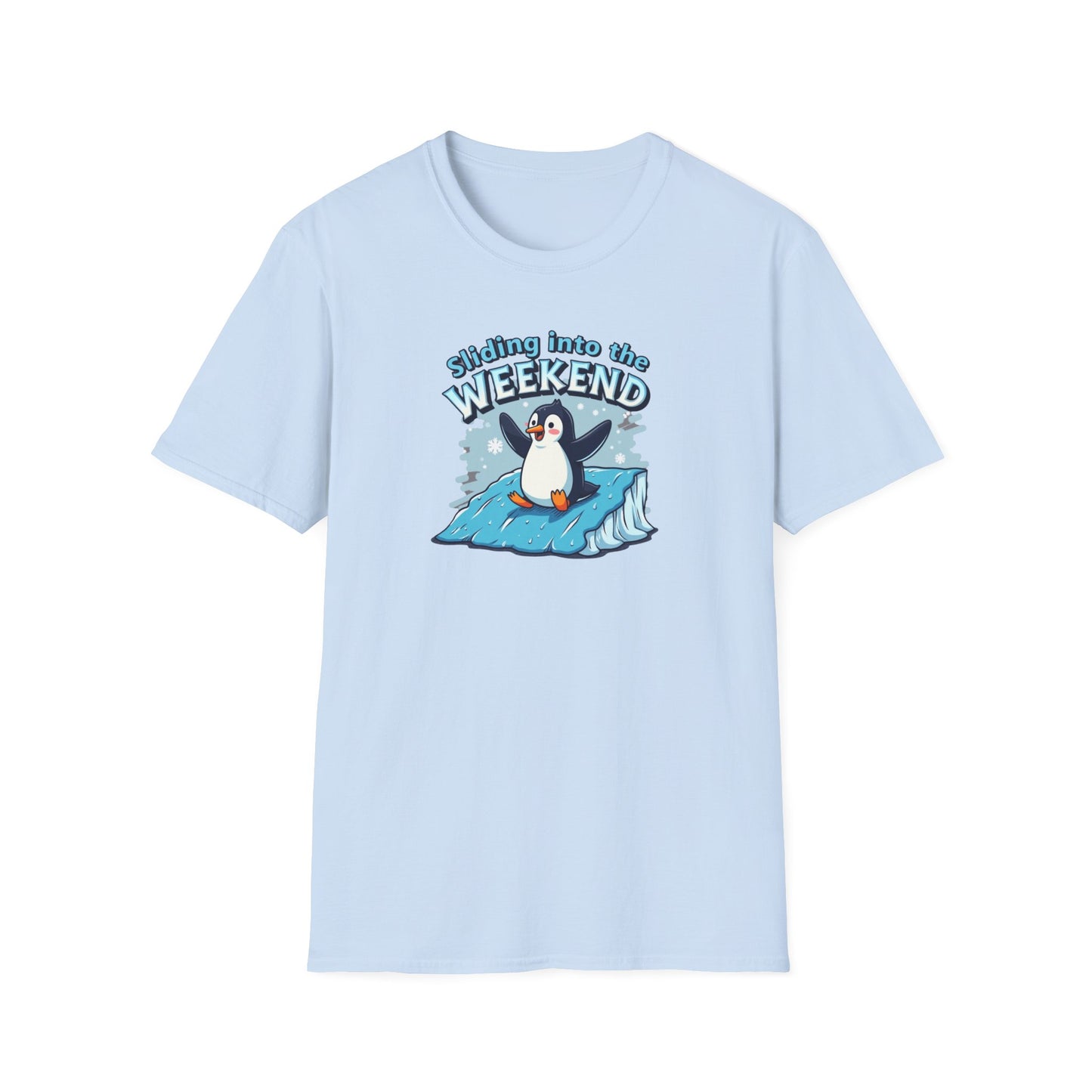 Sliding Penguin, Weekend Vibes T-Shirt, Funny Graphic Tee, Penguin Design Shirt, Casual Apparel, Unisex Softstyle T-Shirt - Psychonaut Swag