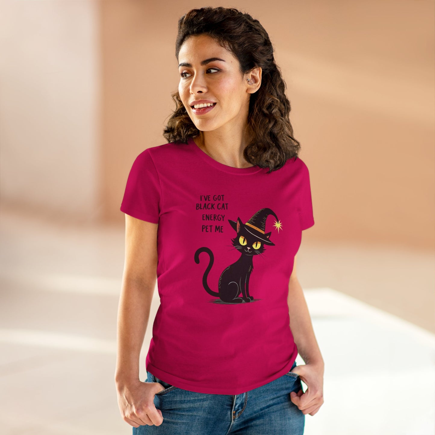 Black Cat Energy Tee — Cute Witchy Women's T-Shirt ("I've Got Black Cat Energy — Pet Me")