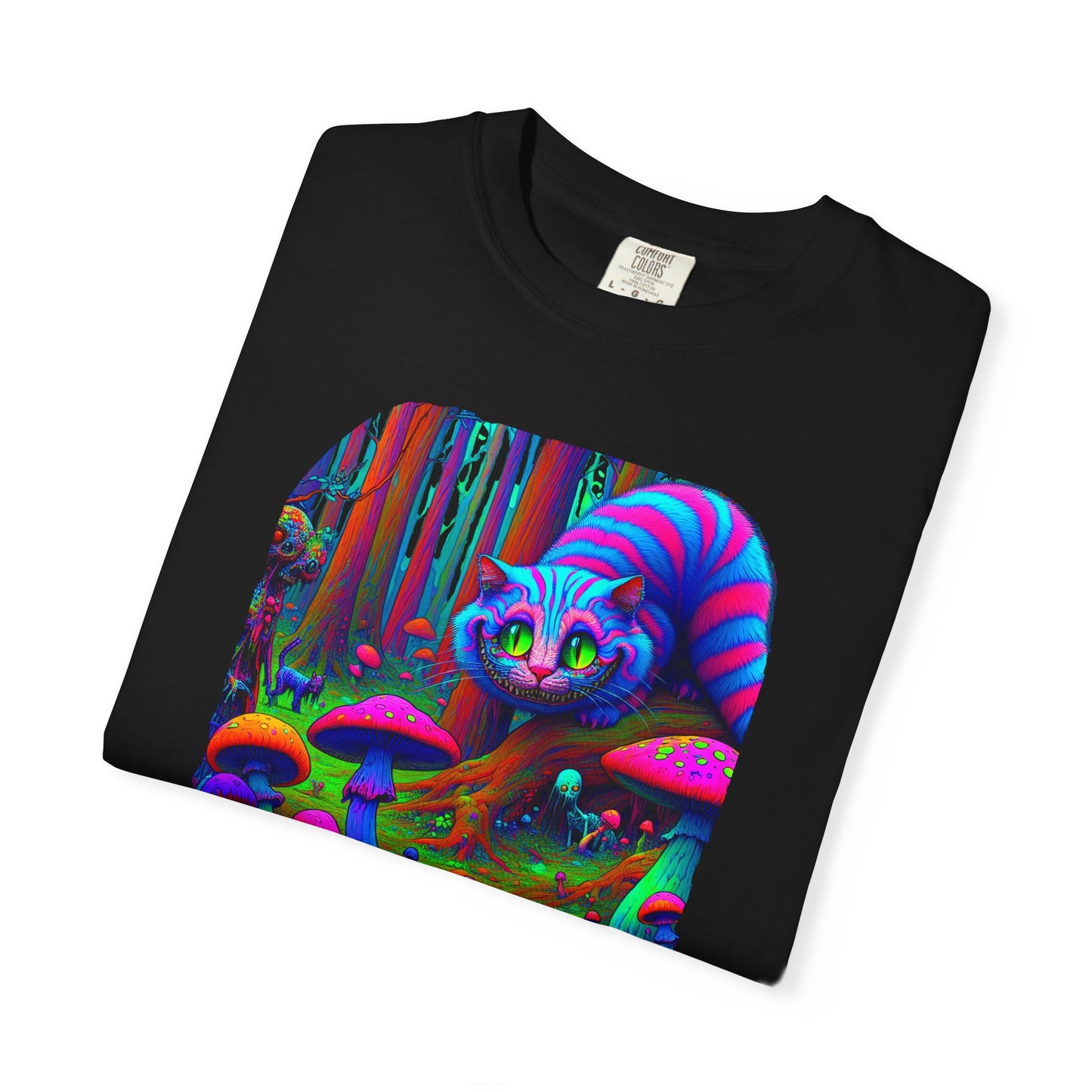Curious Cat with mushrooms, Unisex Garment-Dyed T-shirt - Psychonaut Swag