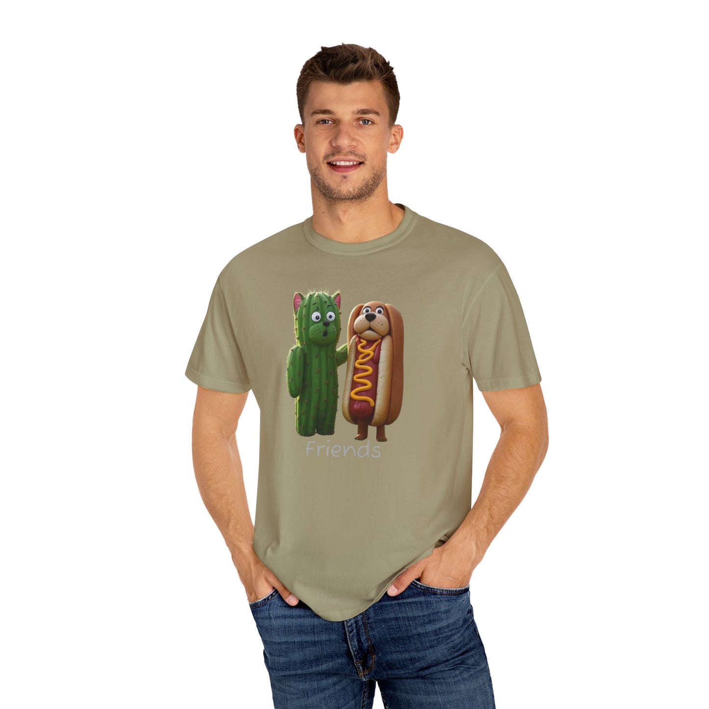 Friends Cactus and Hot Dog, Cartoon T-Shirt, Cute Tee for Kids and Adults, Humorous Gift for Food Lovers, Summer Casual Wear, Birthday Gift