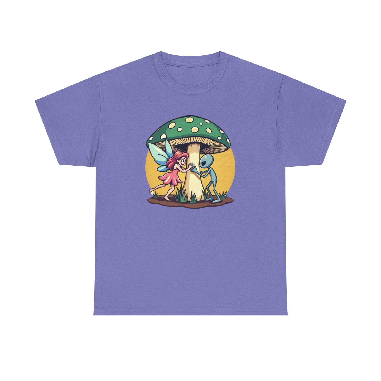 Alien chased by Fairy, Mushroom Unisex Heavy Cotton Tee - Psychonaut Swag