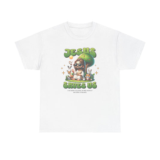 Jesus Saves Us T-Shirt — Cute Retro Jesus with Animals Christian Faith Tee