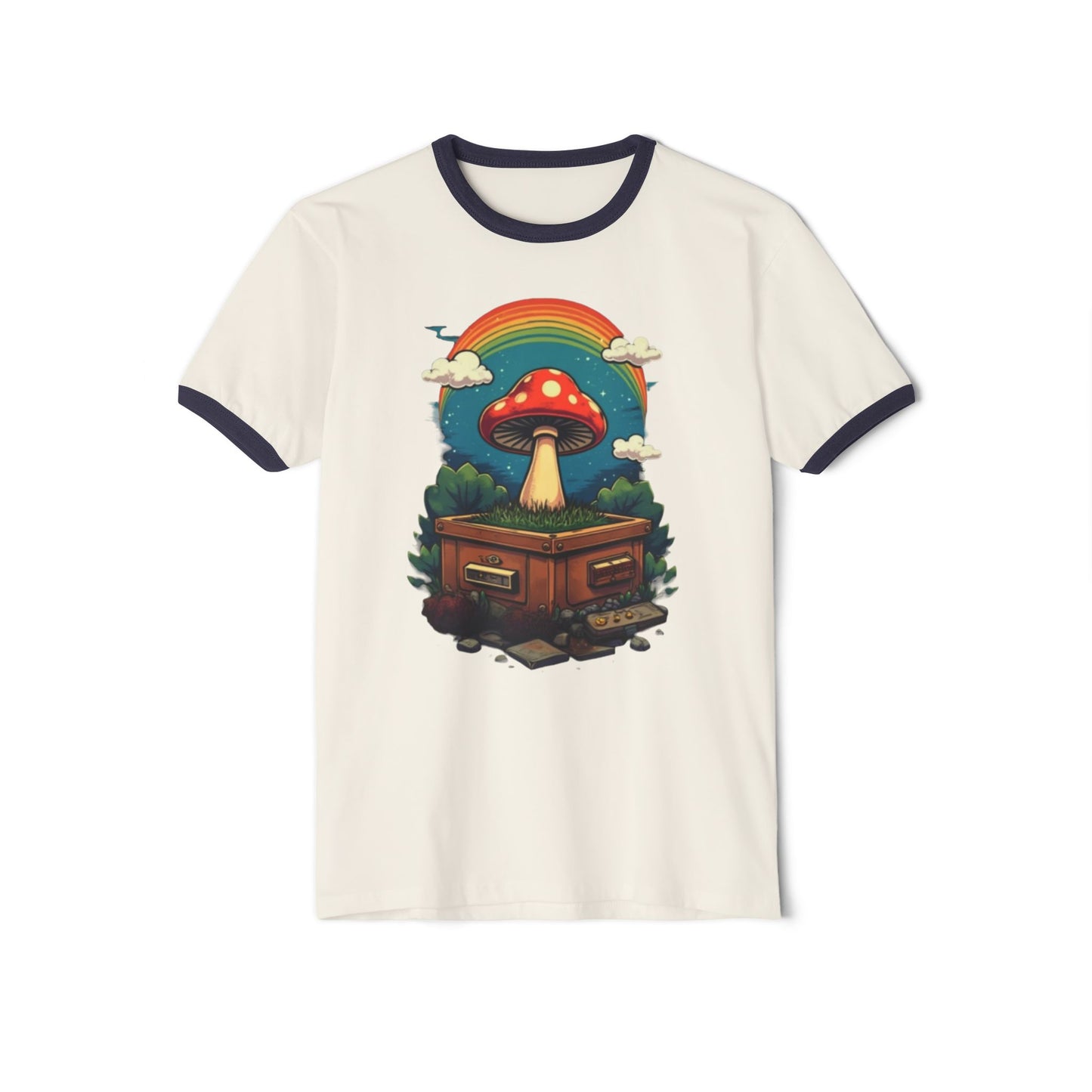 Rainbow Mushroom Unisex Cotton Ringer T-Shirt | Psychedelic Tee, Retro Fashion, Gift for Nature Lovers, Summer Wear, Festival Shirt - Psychonaut Swag