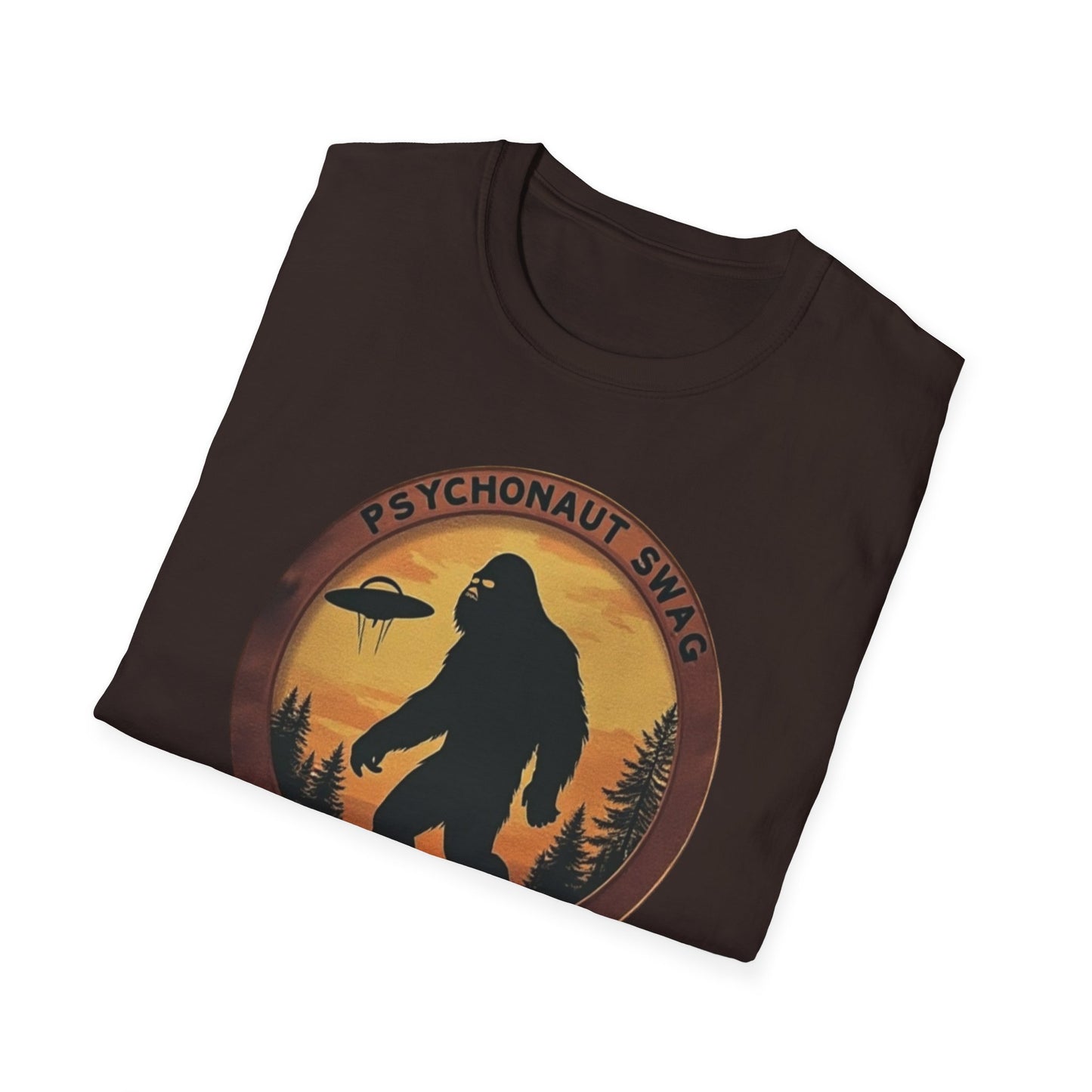 Bigfoot and UFO, Unisex Softstyle T-Shirt, Trendy Graphic Tee, Funny Bigfoot Shirt, Adventure Apparel, Gift for Nature Lovers