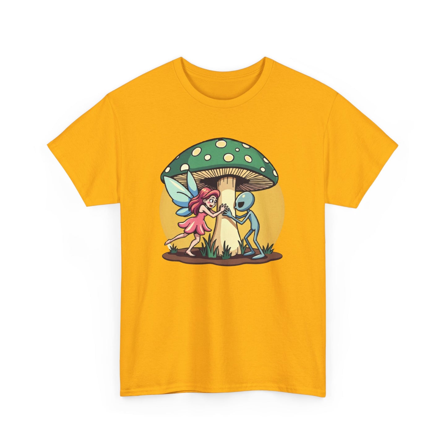Alien chased by Fairy, Mushroom Unisex Heavy Cotton Tee