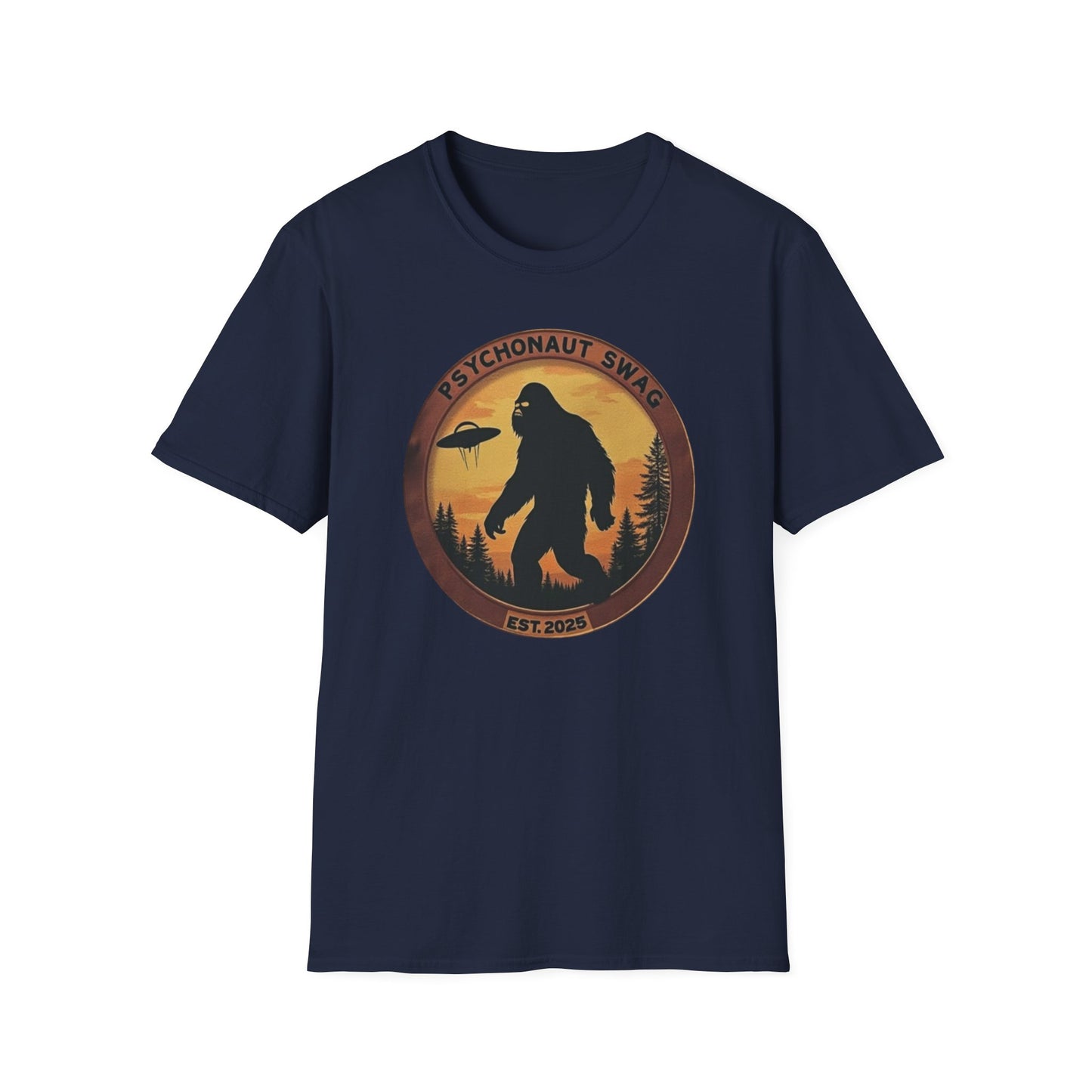 Bigfoot and UFO, Unisex Softstyle T-Shirt, Trendy Graphic Tee, Funny Bigfoot Shirt, Adventure Apparel, Gift for Nature Lovers