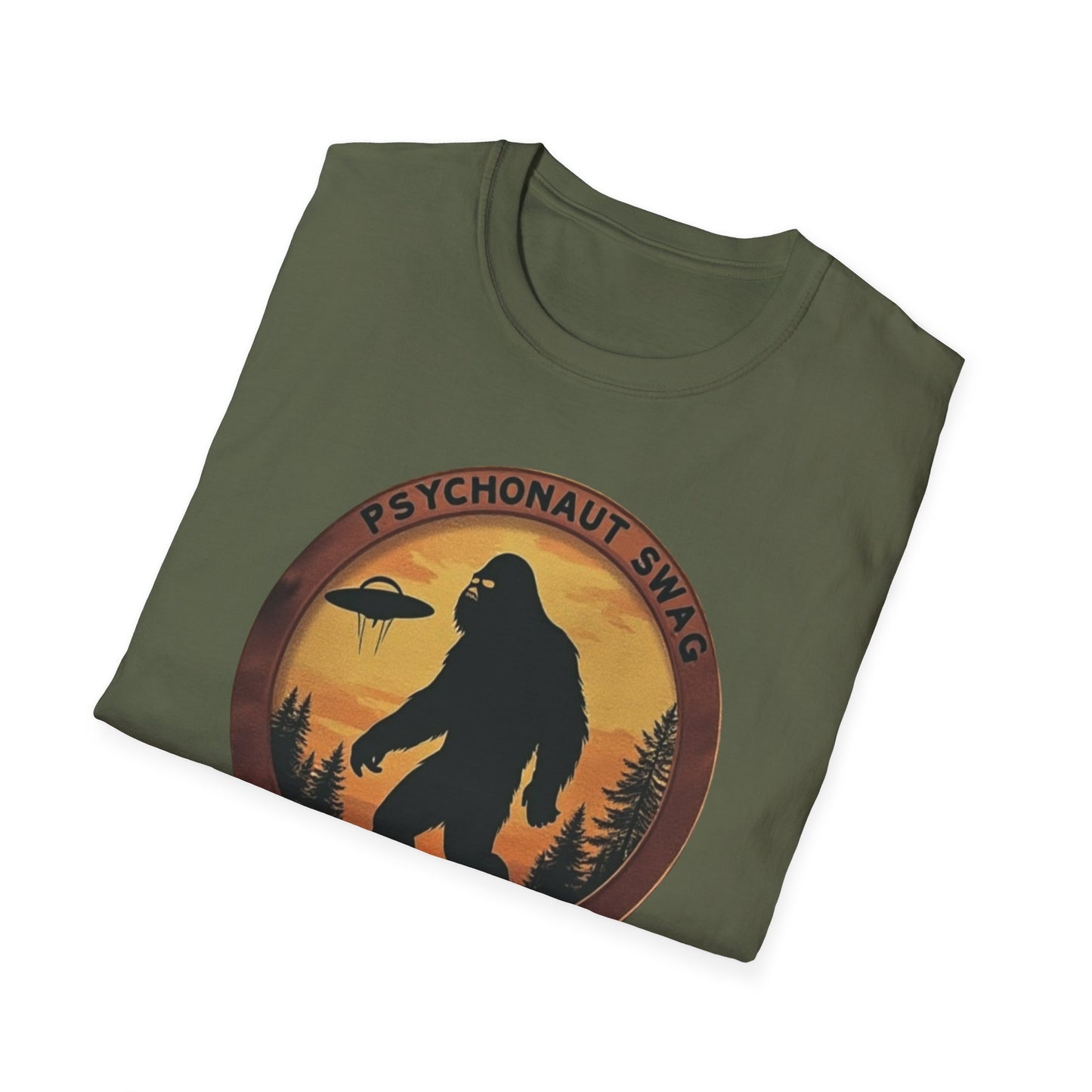 Bigfoot and UFO, Unisex Softstyle T-Shirt, Trendy Graphic Tee, Funny Bigfoot Shirt, Adventure Apparel, Gift for Nature Lovers