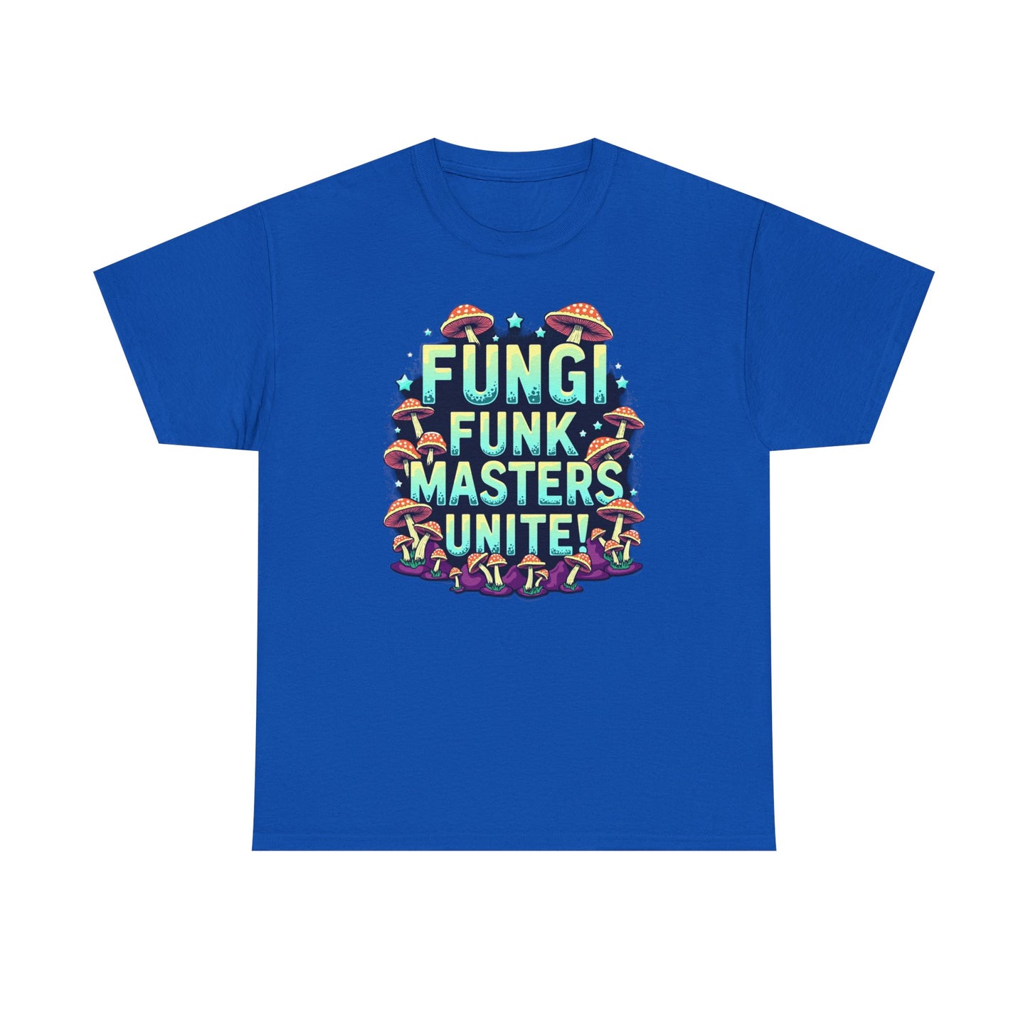 Fungi Funk Masters Unite Unisex Heavy Cotton Tee - Playful Mushroom Graphic T-Shirt - Psychonaut Swag