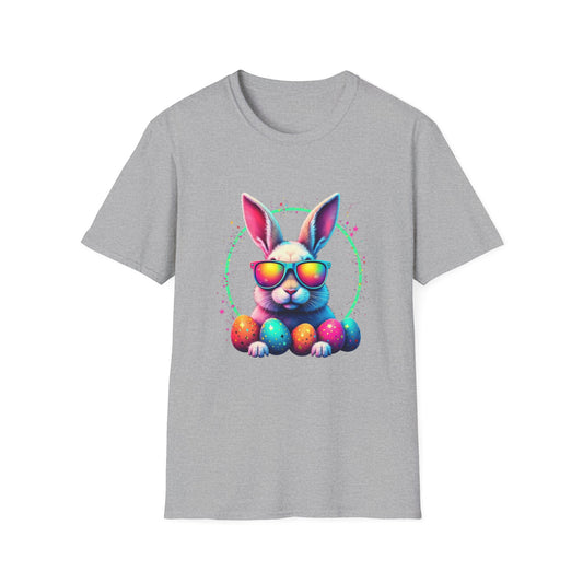 Easter Bunny Sunglasses T-Shirt — Colorful Neon Bunny with Easter Eggs