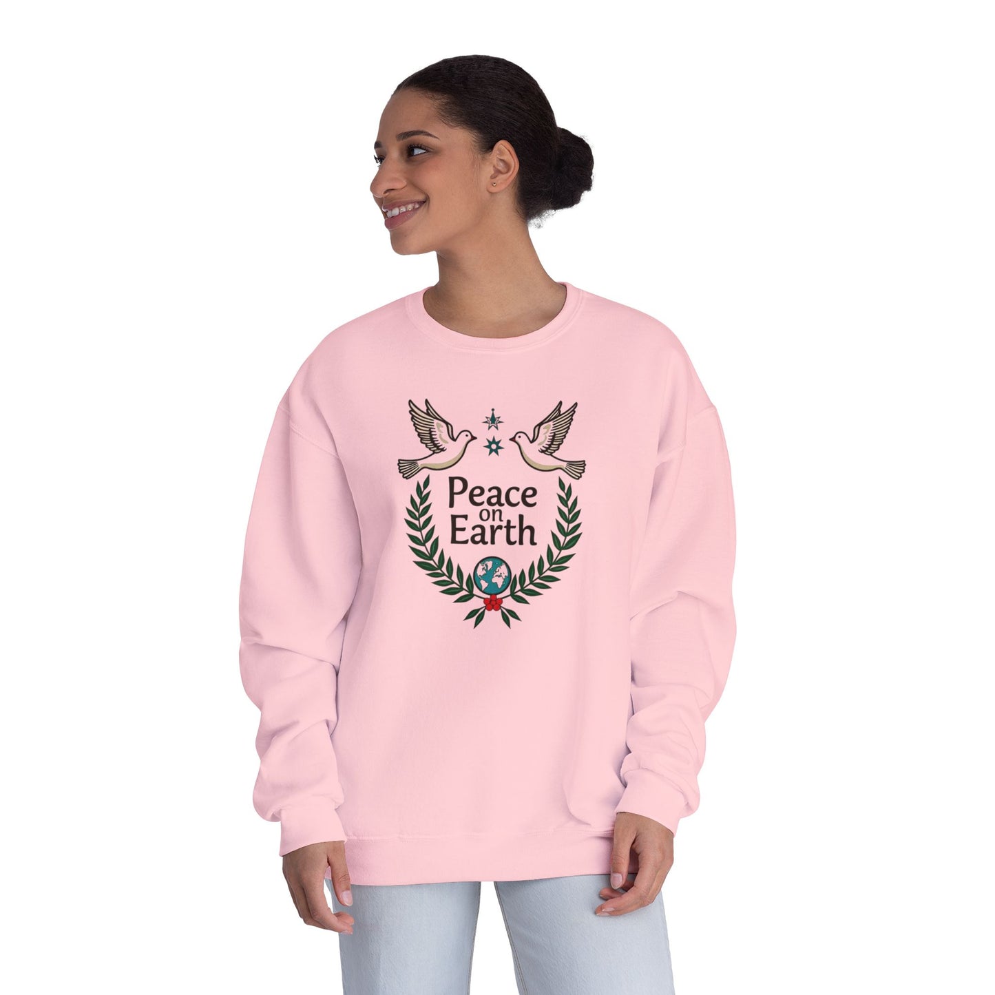 Peace on Earth Crewneck Sweatshirt — Holiday Dove & Laurel Graphic