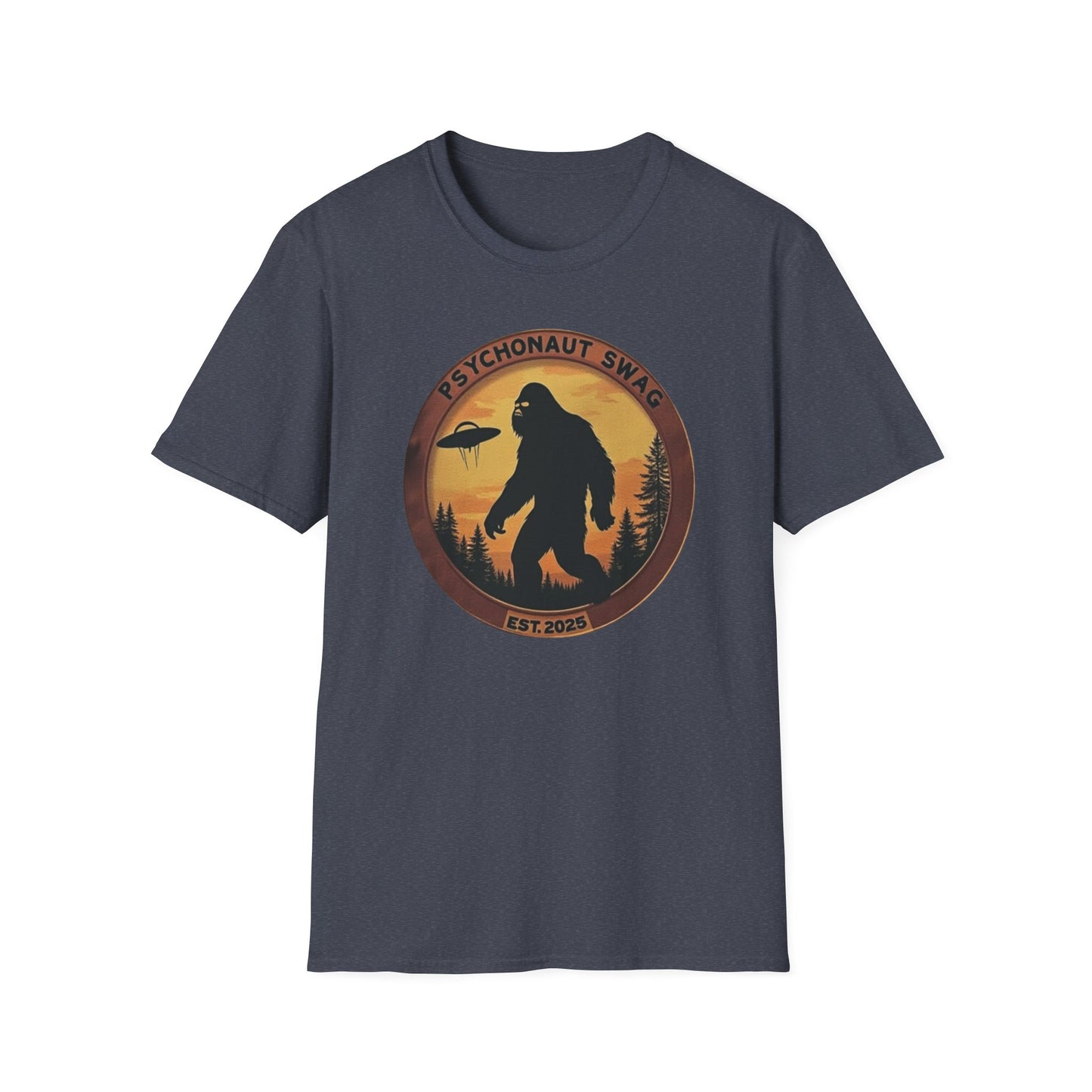 Bigfoot and UFO, Unisex Softstyle T-Shirt, Trendy Graphic Tee, Funny Bigfoot Shirt, Adventure Apparel, Gift for Nature Lovers