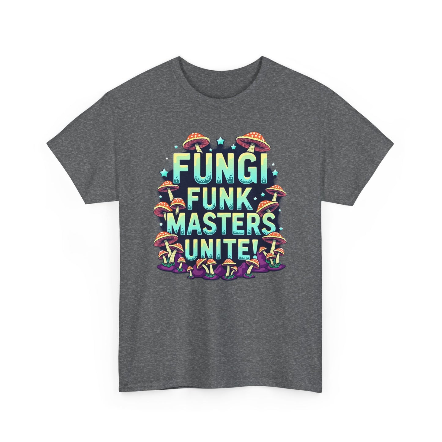 Fungi Funk Masters Unite Unisex Heavy Cotton Tee - Playful Mushroom Graphic T-Shirt - Psychonaut Swag