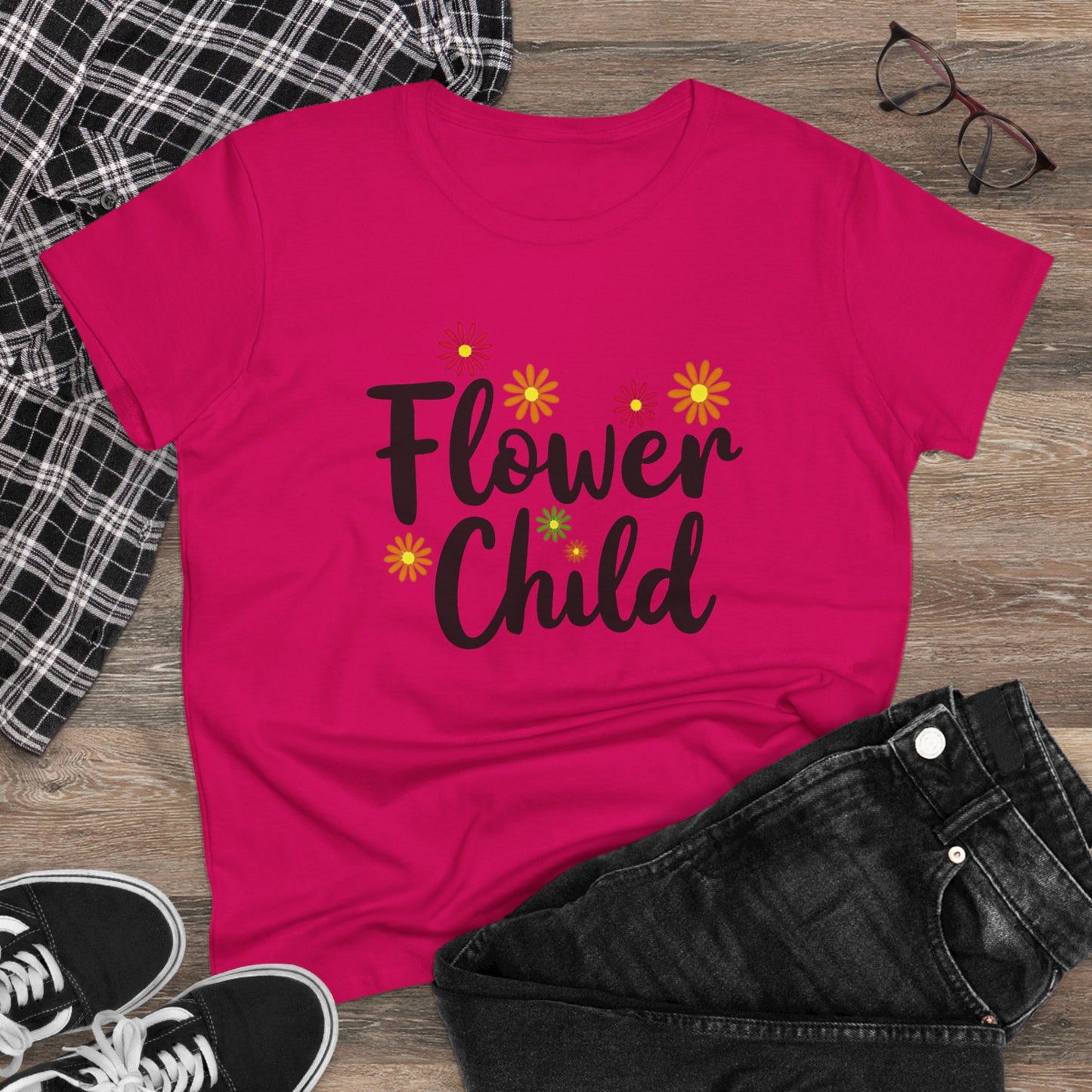 Flower Child Women's Midweight Cotton Tee - Boho Vintage Style Shirt for Everyday Wear - Psychonaut Swag