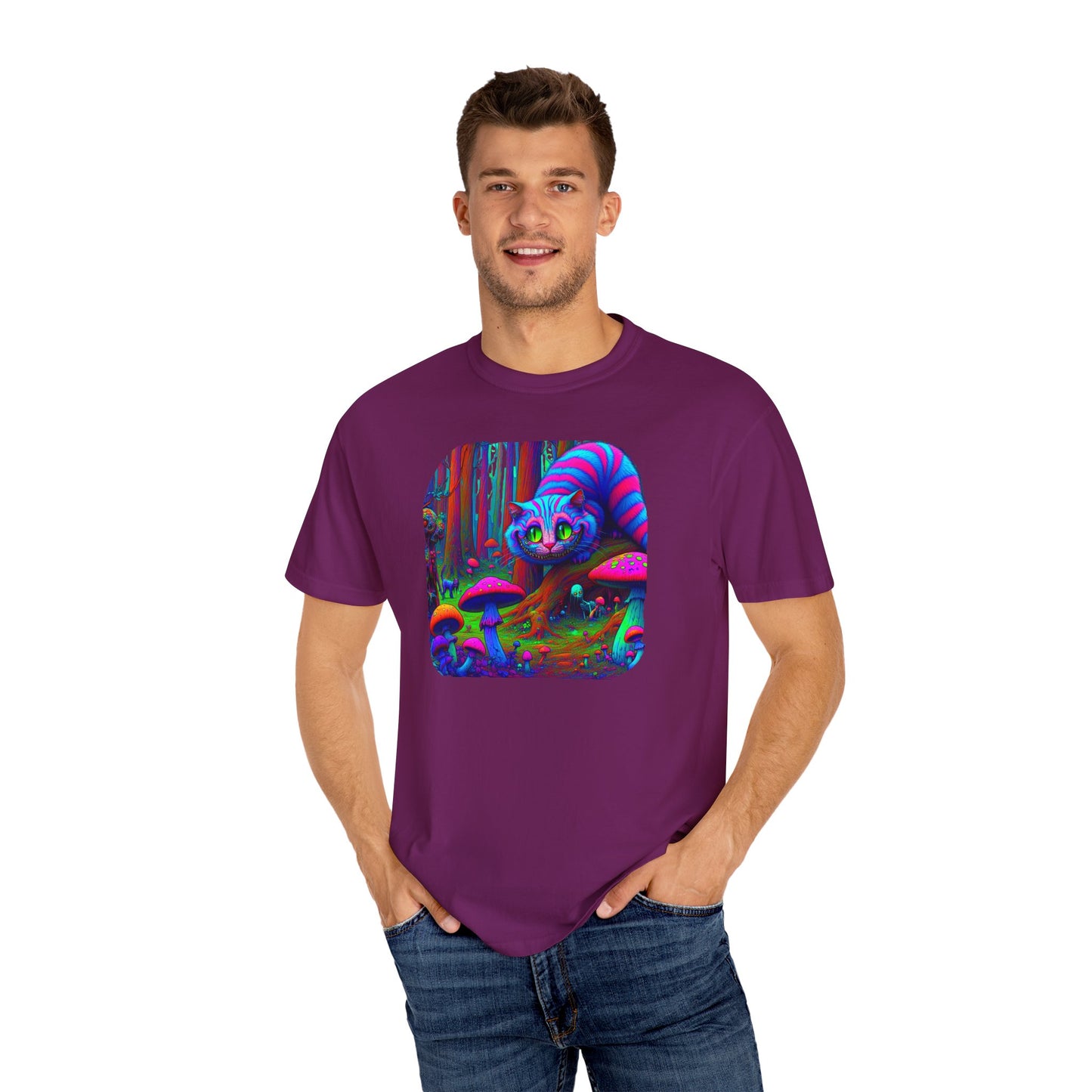 Curious Cat with mushrooms, Unisex Garment-Dyed T-shirt