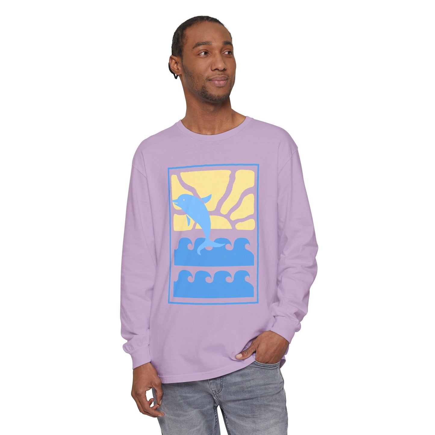 Sunset Dolphin Unisex Garment-dyed Long Sleeve T-Shirt - Psychonaut Swag