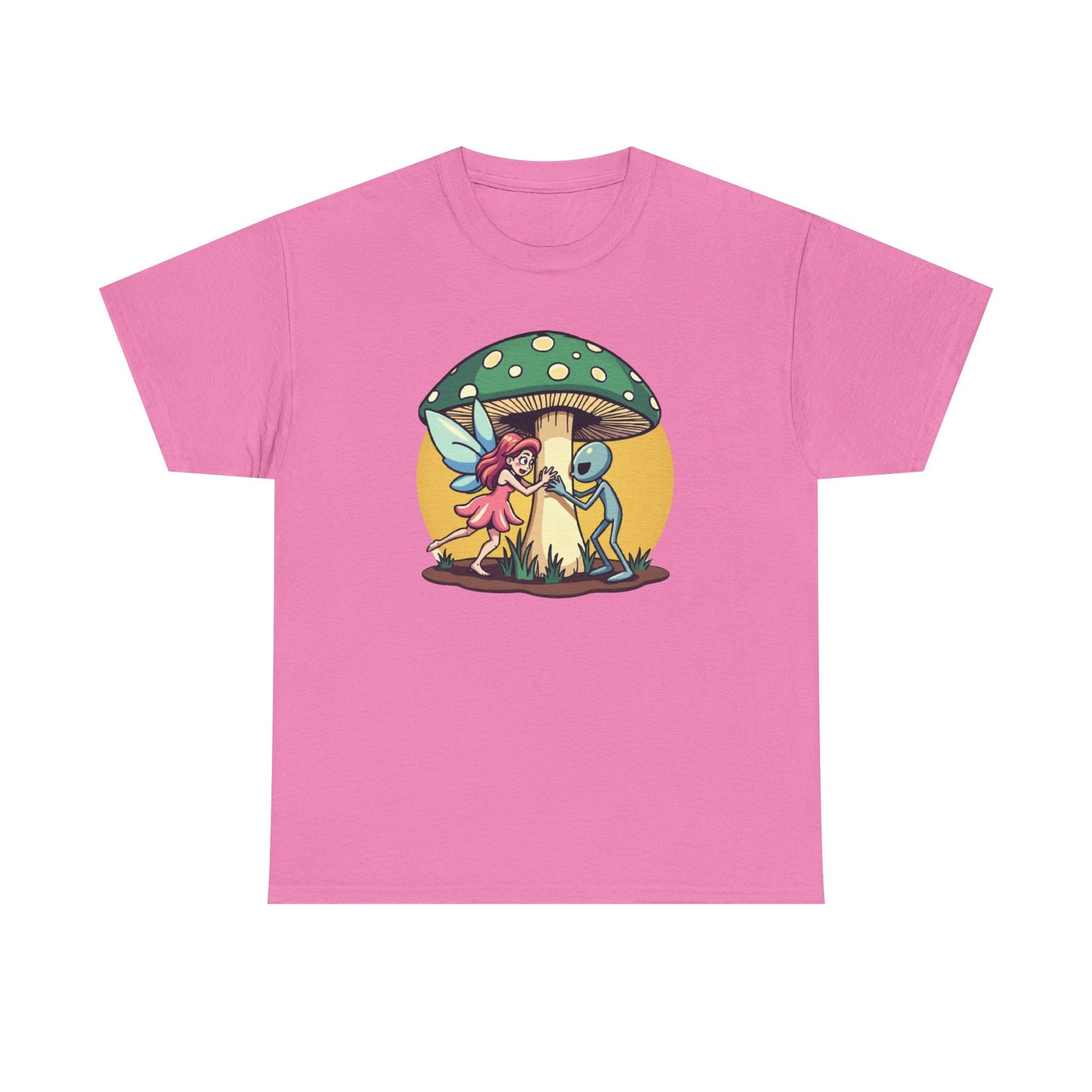 Alien chased by Fairy, Mushroom Unisex Heavy Cotton Tee - Psychonaut Swag