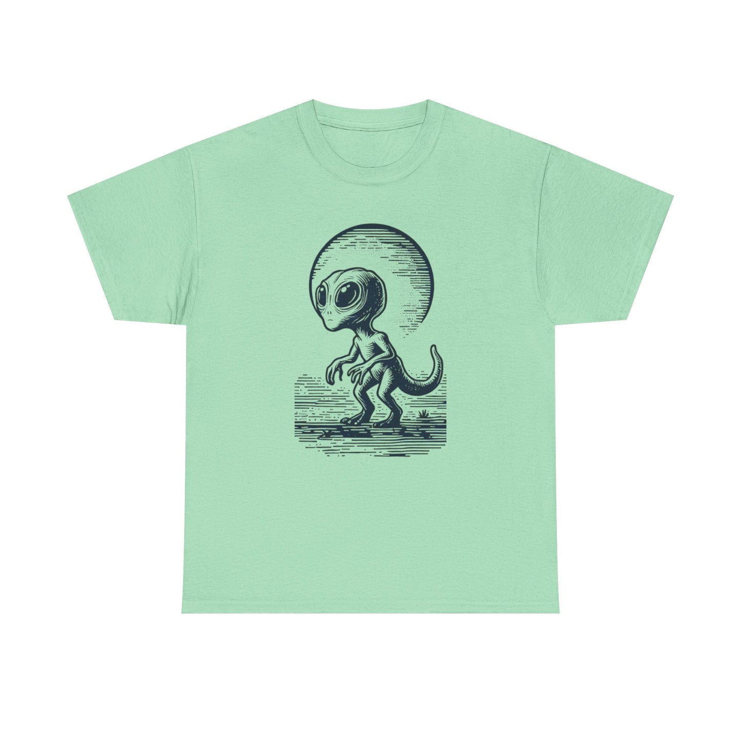 Dinosaur Hybrid, Graphic Unisex Heavy Cotton Tee | UFO Lover T-Shirt | Space-Themed Apparel - Psychonaut Swag