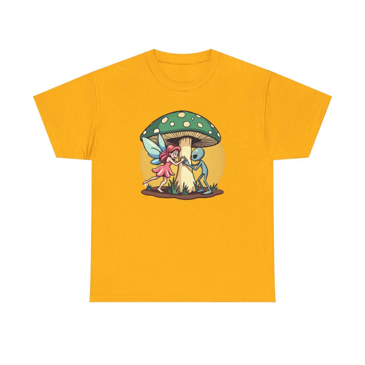 Alien chased by Fairy, Mushroom Unisex Heavy Cotton Tee - Psychonaut Swag