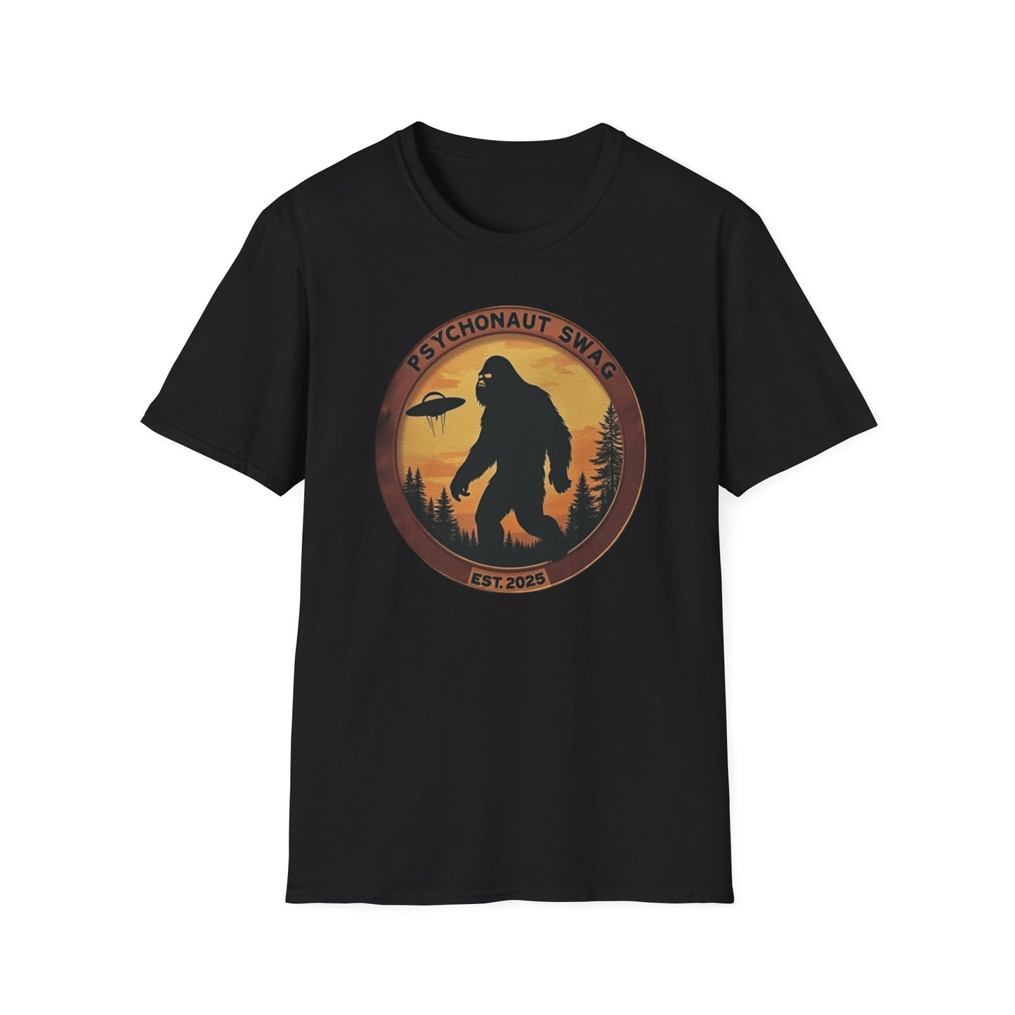 Bigfoot and UFO, Unisex Softstyle T-Shirt, Trendy Graphic Tee, Funny Bigfoot Shirt, Adventure Apparel, Gift for Nature Lovers