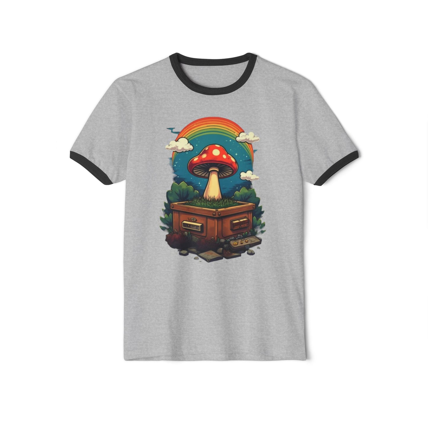 Rainbow Mushroom Unisex Cotton Ringer T-Shirt | Psychedelic Tee, Retro Fashion, Gift for Nature Lovers, Summer Wear, Festival Shirt - Psychonaut Swag