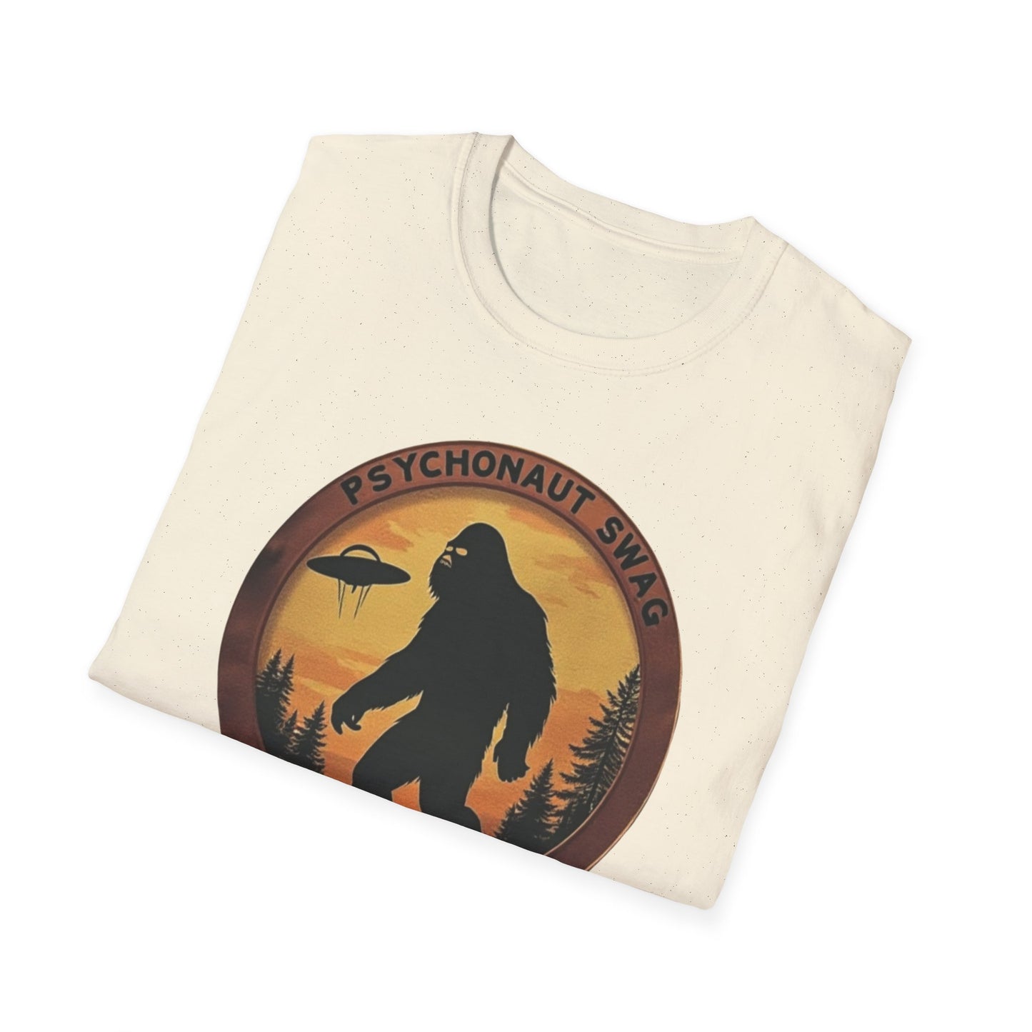 Bigfoot and UFO, Unisex Softstyle T-Shirt, Trendy Graphic Tee, Funny Bigfoot Shirt, Adventure Apparel, Gift for Nature Lovers