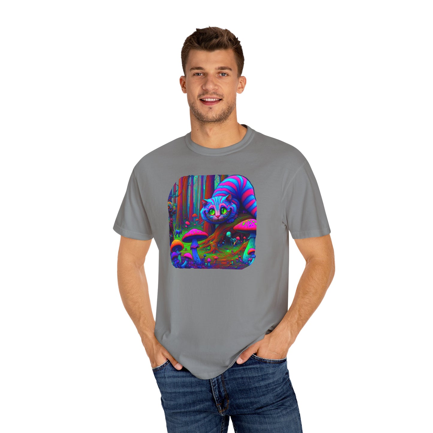 Curious Cat with mushrooms, Unisex Garment-Dyed T-shirt - Psychonaut Swag