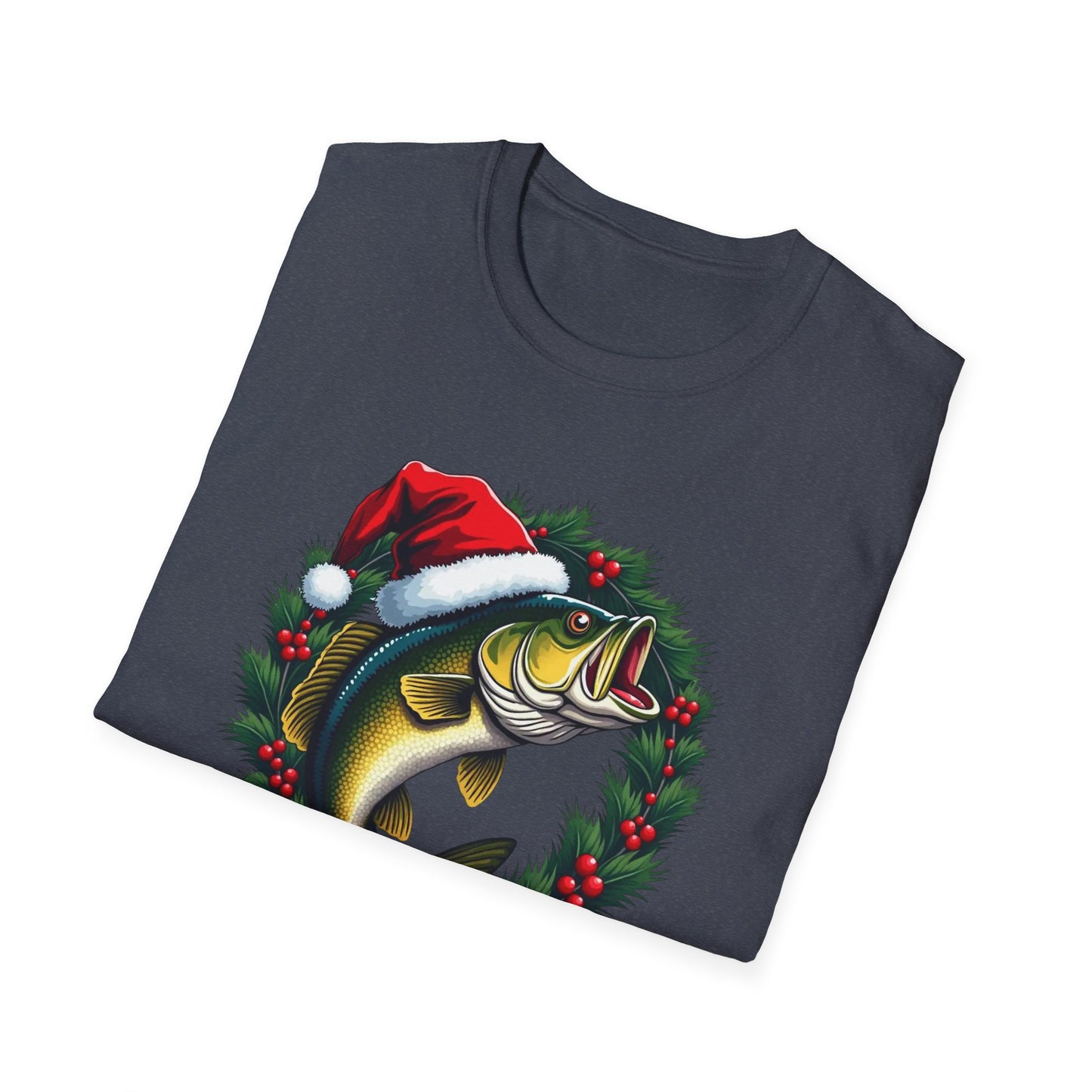 Christmas Wreath Bass Fishing T-Shirt — Santa Hat Fish Holiday Tee