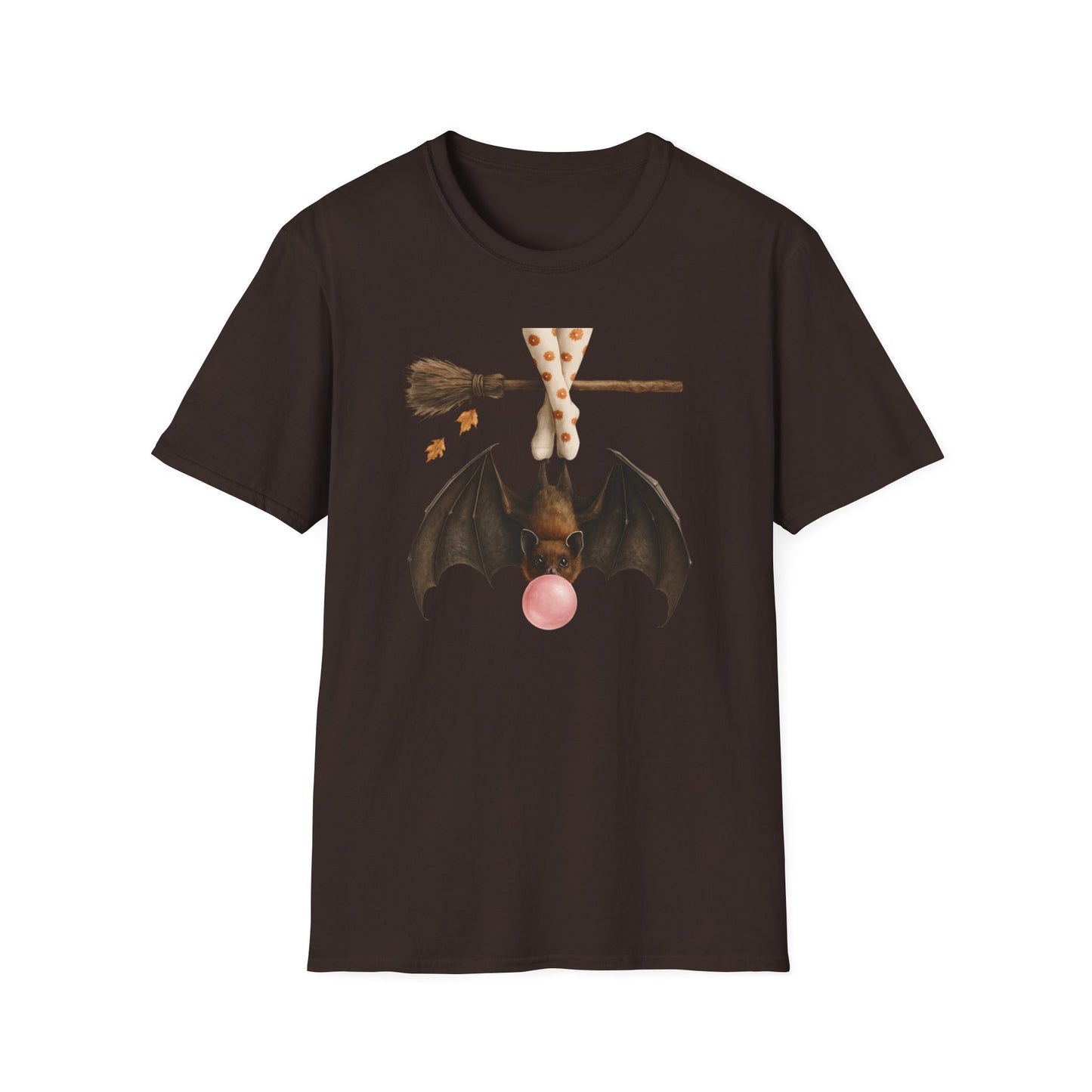 Bat and Bubblegum Unisex Softstyle T-Shirt, Halloween Top, Whimsical Graphic Tee, Cute Gift for Animal Lovers, Fall Vibes