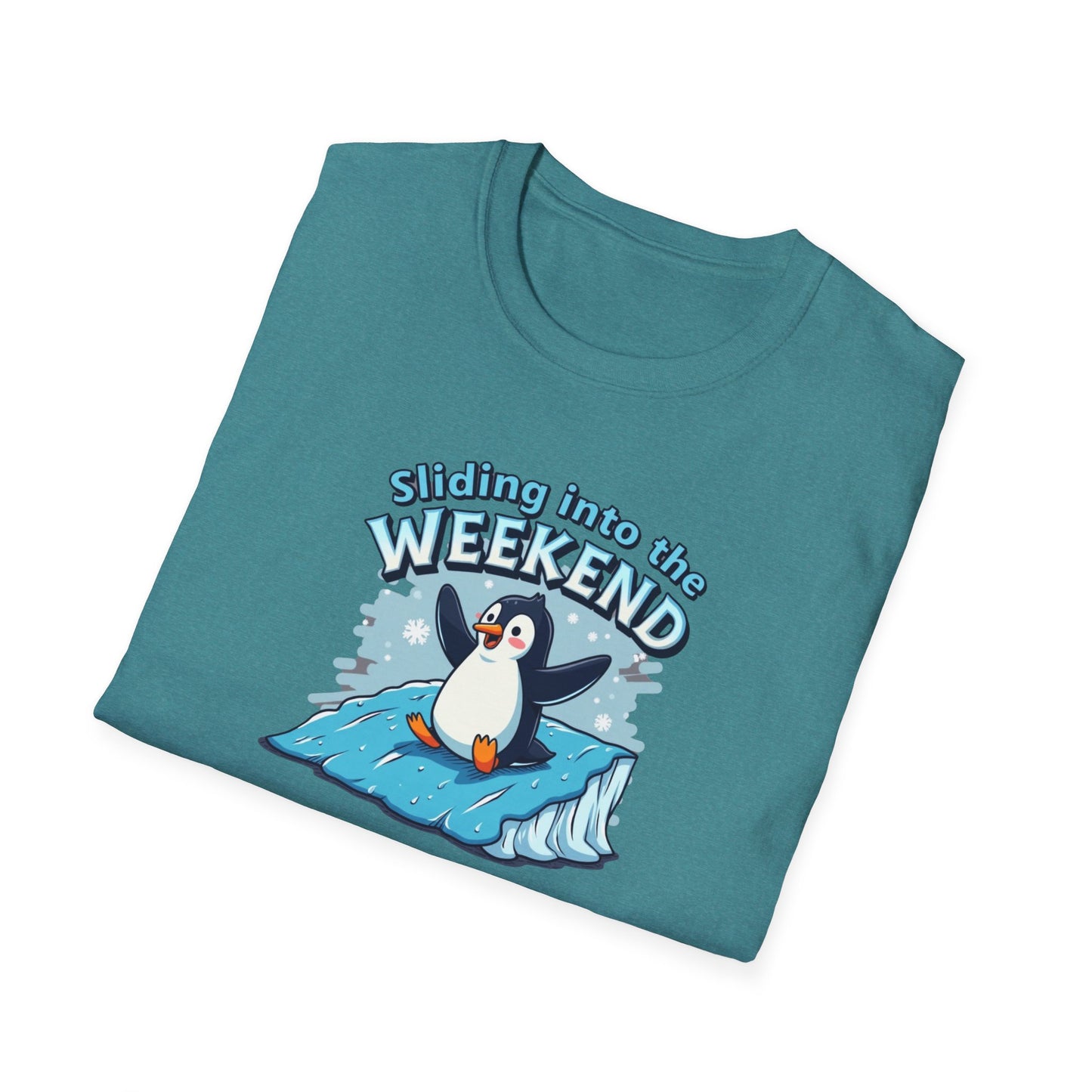 Sliding Penguin, Weekend Vibes T-Shirt, Funny Graphic Tee, Penguin Design Shirt, Casual Apparel, Unisex Softstyle T-Shirt - Psychonaut Swag