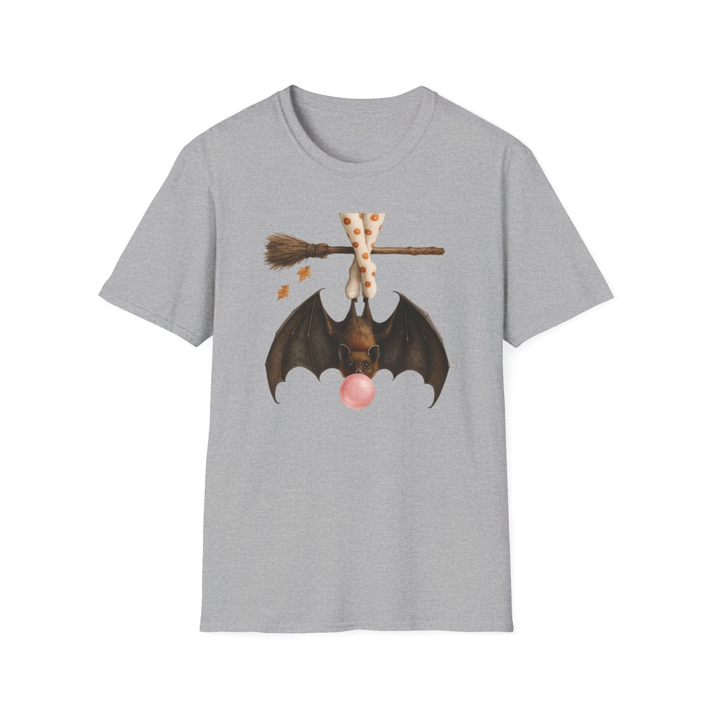 Bat and Bubblegum Unisex Softstyle T-Shirt, Halloween Top, Whimsical Graphic Tee, Cute Gift for Animal Lovers, Fall Vibes