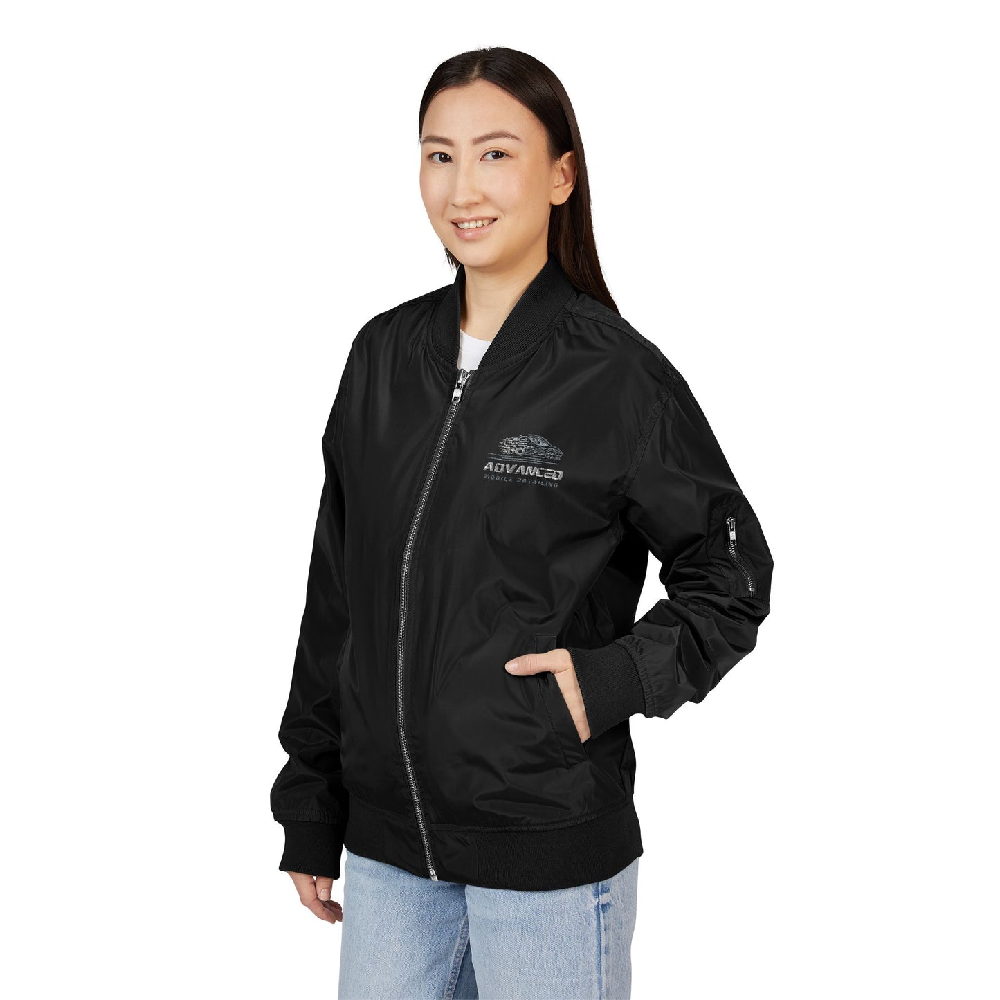 Advanced small biz swag, Stylish Embroidered Recycled Bomber Jacket, Eco-Friendly Fashion, Sustainable Apparel, Casual Outerwear, Gift for Her