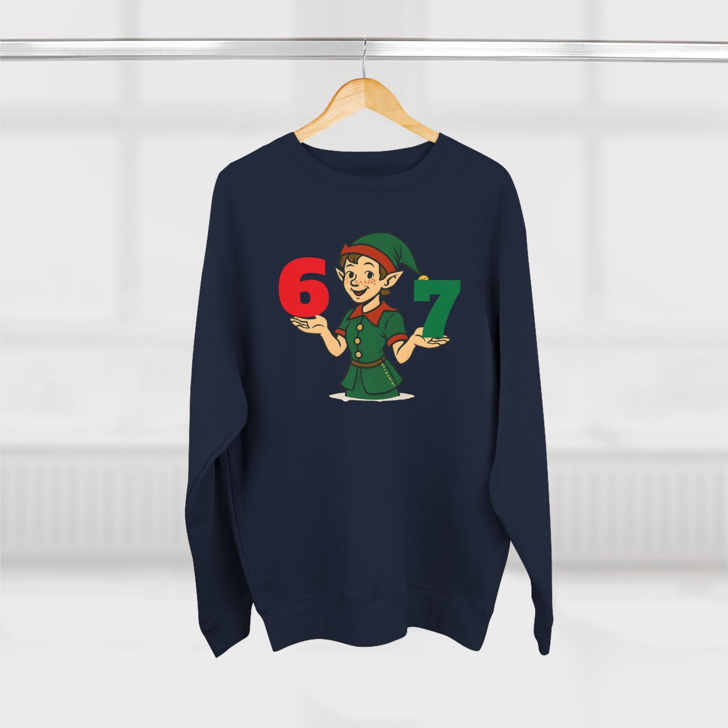 Elf Juggler six-seven — Cute Holiday Elf Holding 6 & 7 Christmas Crewneck