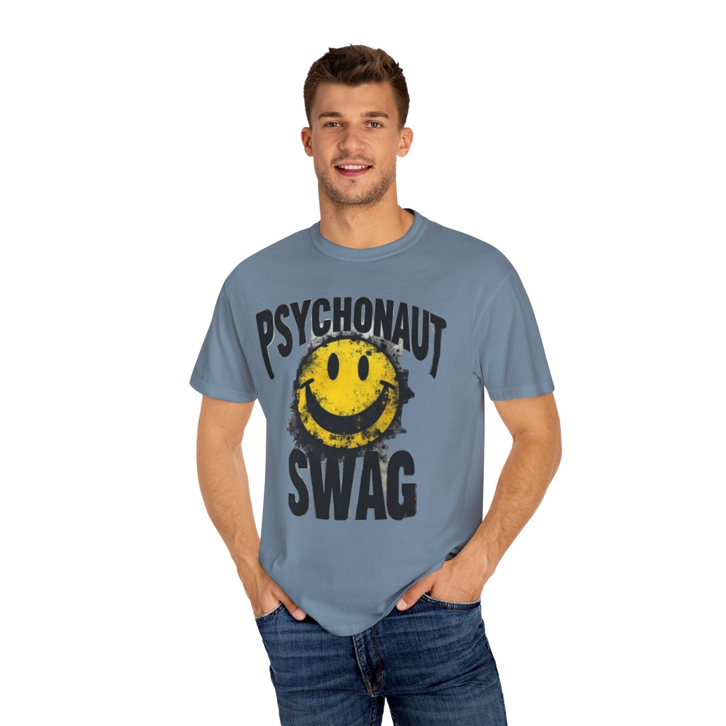 Psychonaut Swag Yellow Smiley Face, Trendy Graphic Tee for Festival Lovers, Casual Wear, Gifts, Street Style