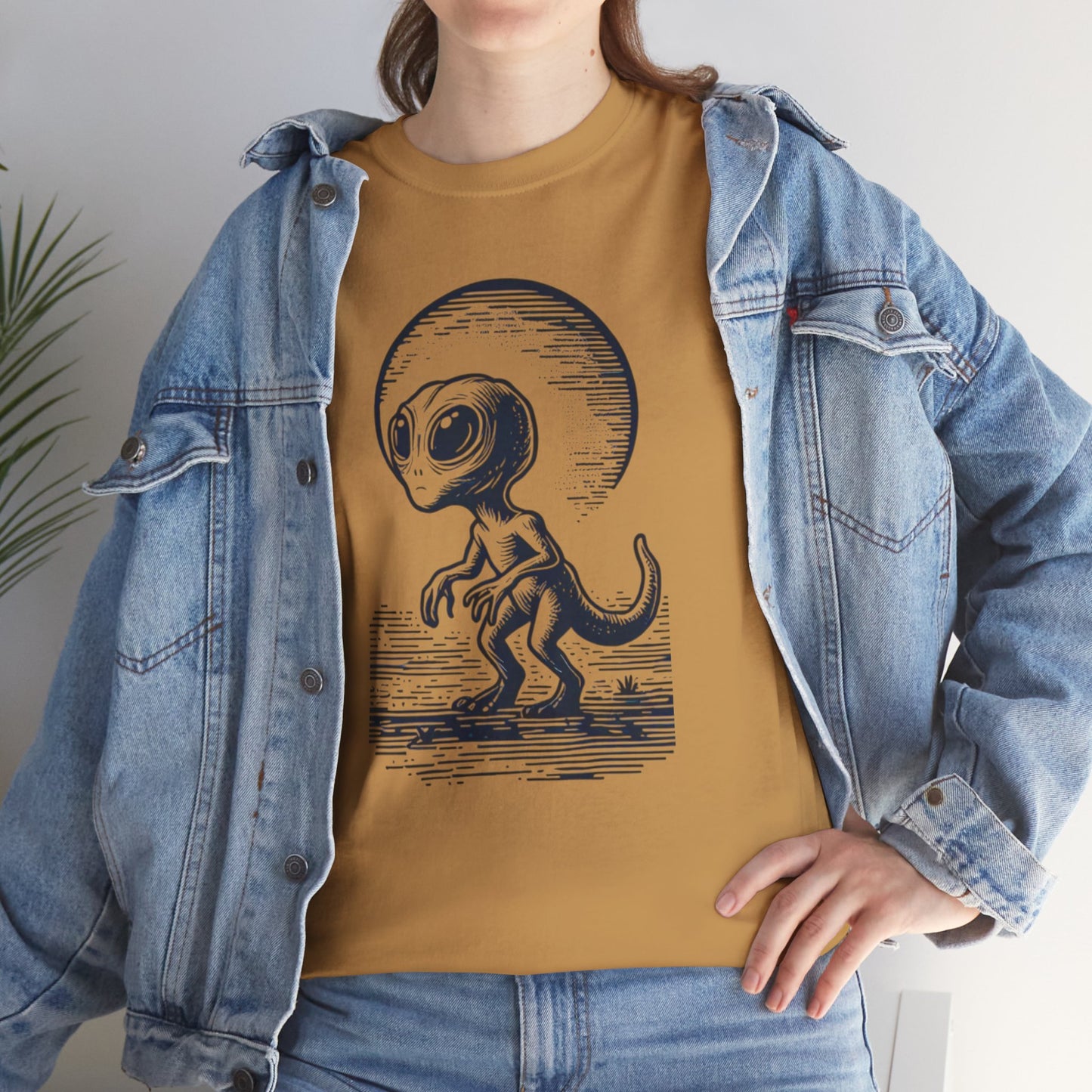 Dinosaur Hybrid, Graphic Unisex Heavy Cotton Tee | UFO Lover T-Shirt | Space-Themed Apparel - Psychonaut Swag