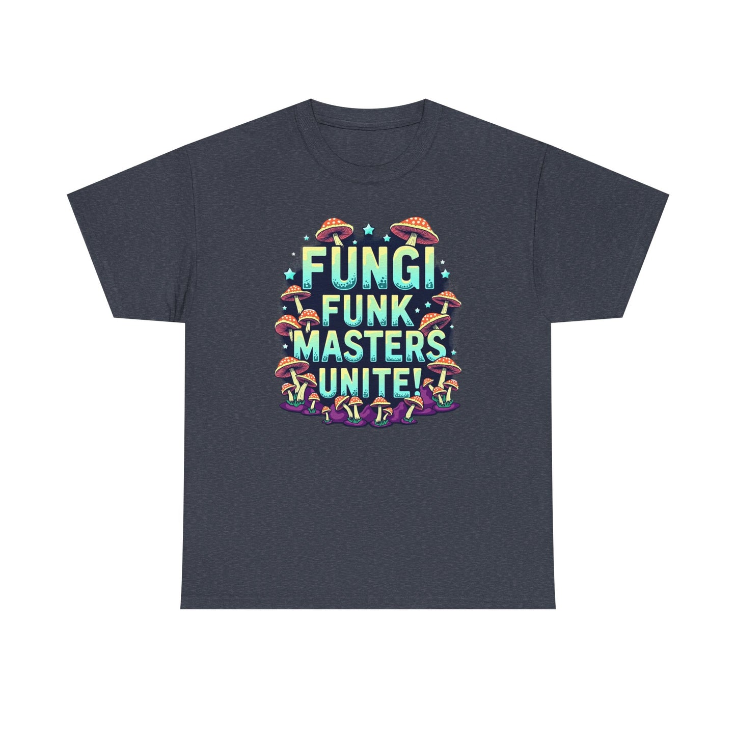 Fungi Funk Masters Unite Unisex Heavy Cotton Tee - Playful Mushroom Graphic T-Shirt - Psychonaut Swag