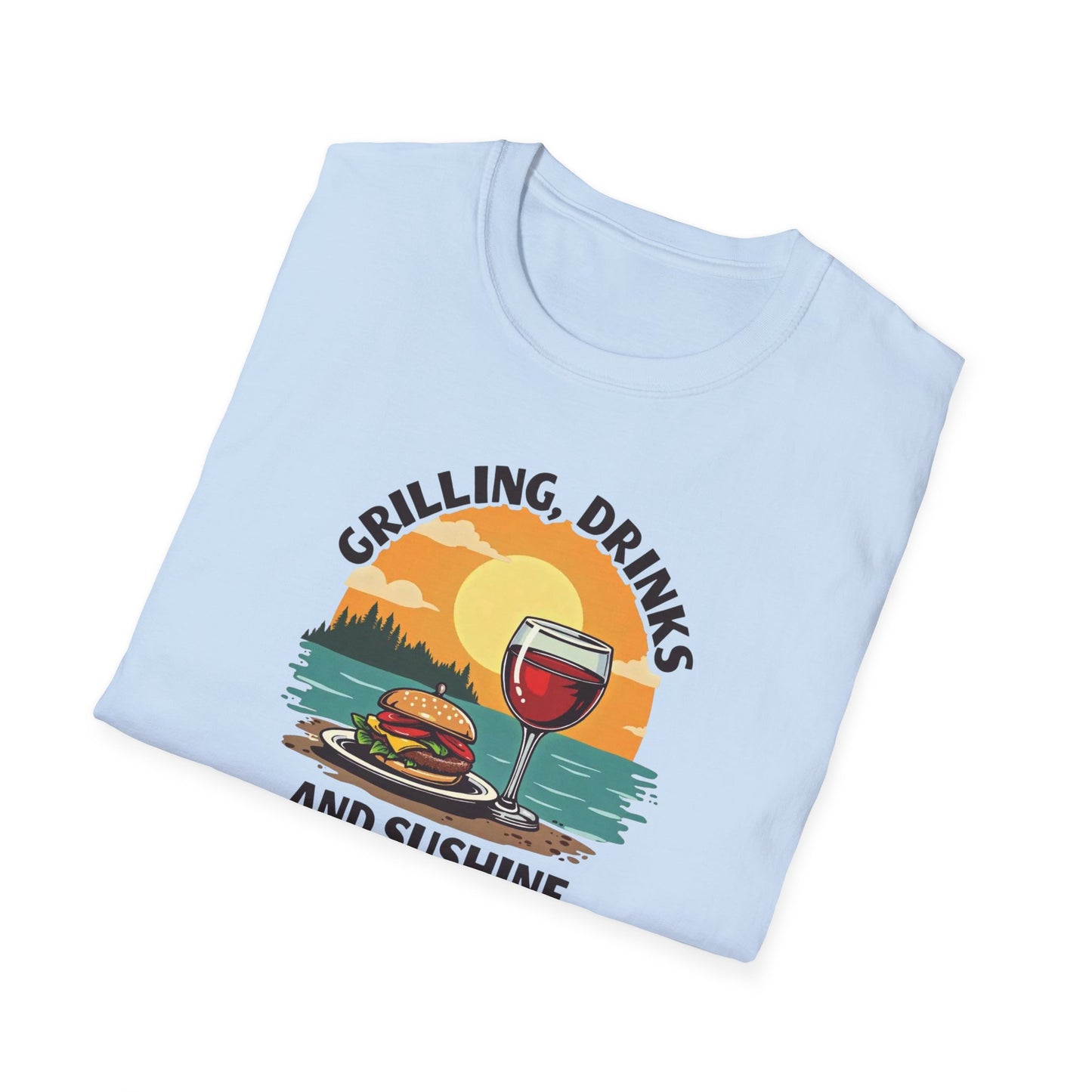 T-Shirt — Grilling, Drinks and Sunshine Retro Sunset BBQ Wine Tee