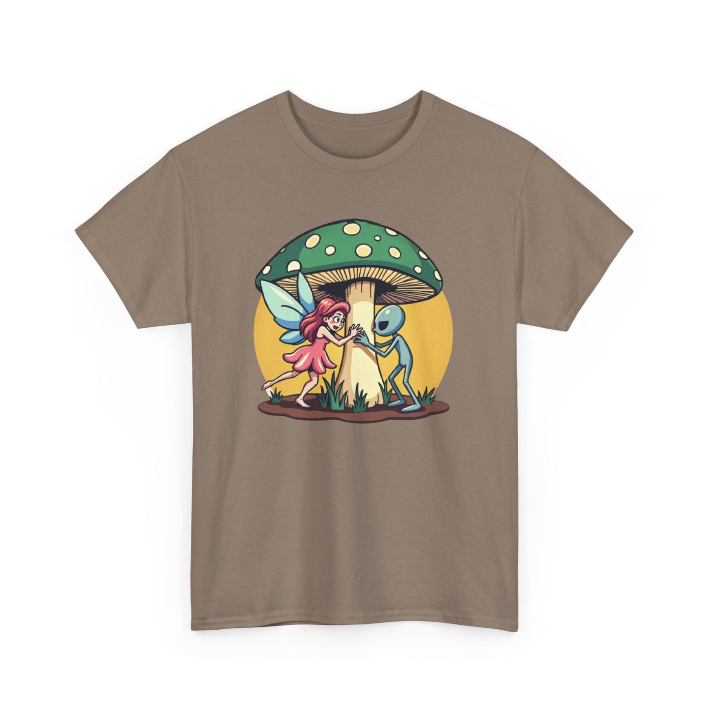Alien chased by Fairy, Mushroom Unisex Heavy Cotton Tee - Psychonaut Swag