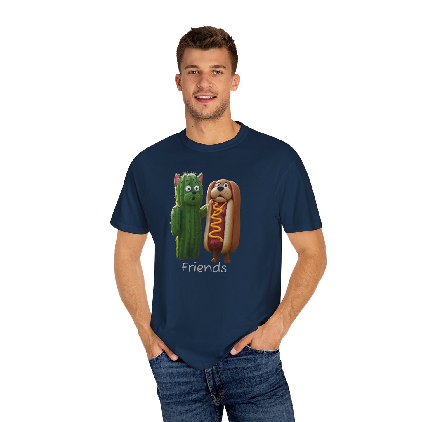 Friends Cactus and Hot Dog, Cartoon T-Shirt, Cute Tee for Kids and Adults, Humorous Gift for Food Lovers, Summer Casual Wear, Birthday Gift