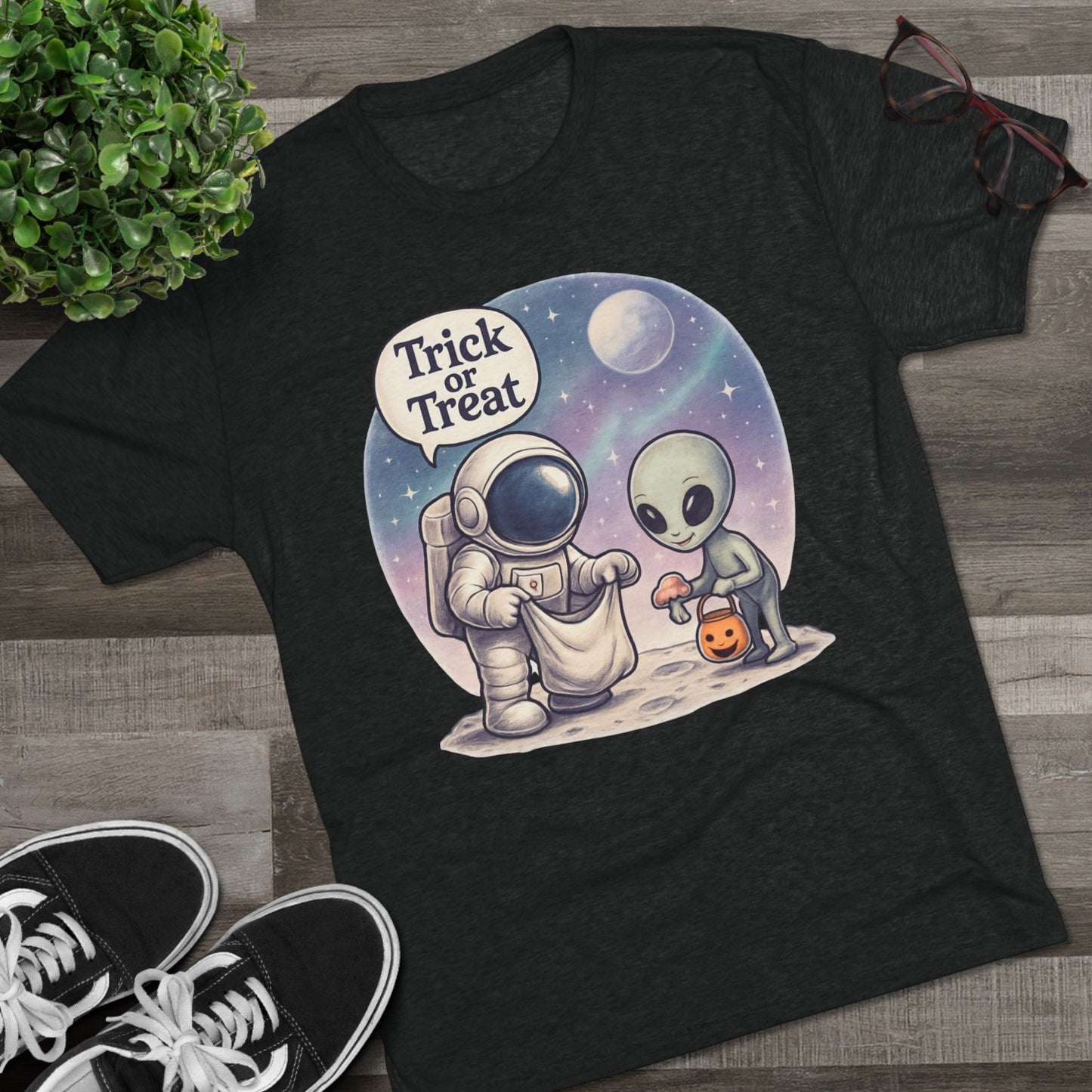 Space Trick or Treat Crew Tee, Halloween T-Shirt, Space Theme Shirt, Unisex Graphic Tee, Fun Costume Tee, Gift for Space Lovers
