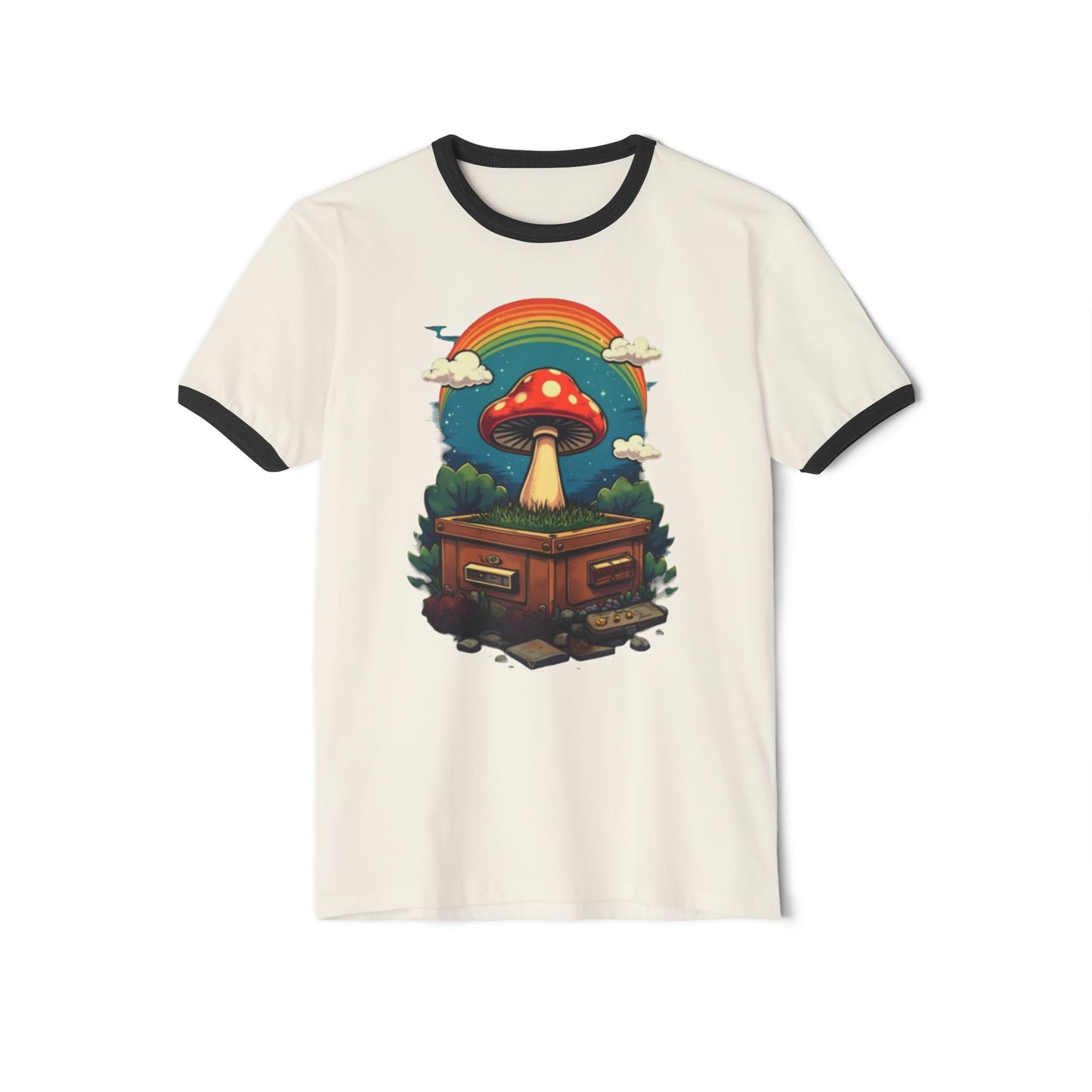 Rainbow Mushroom Unisex Cotton Ringer T-Shirt | Psychedelic Tee, Retro Fashion, Gift for Nature Lovers, Summer Wear, Festival Shirt - Psychonaut Swag