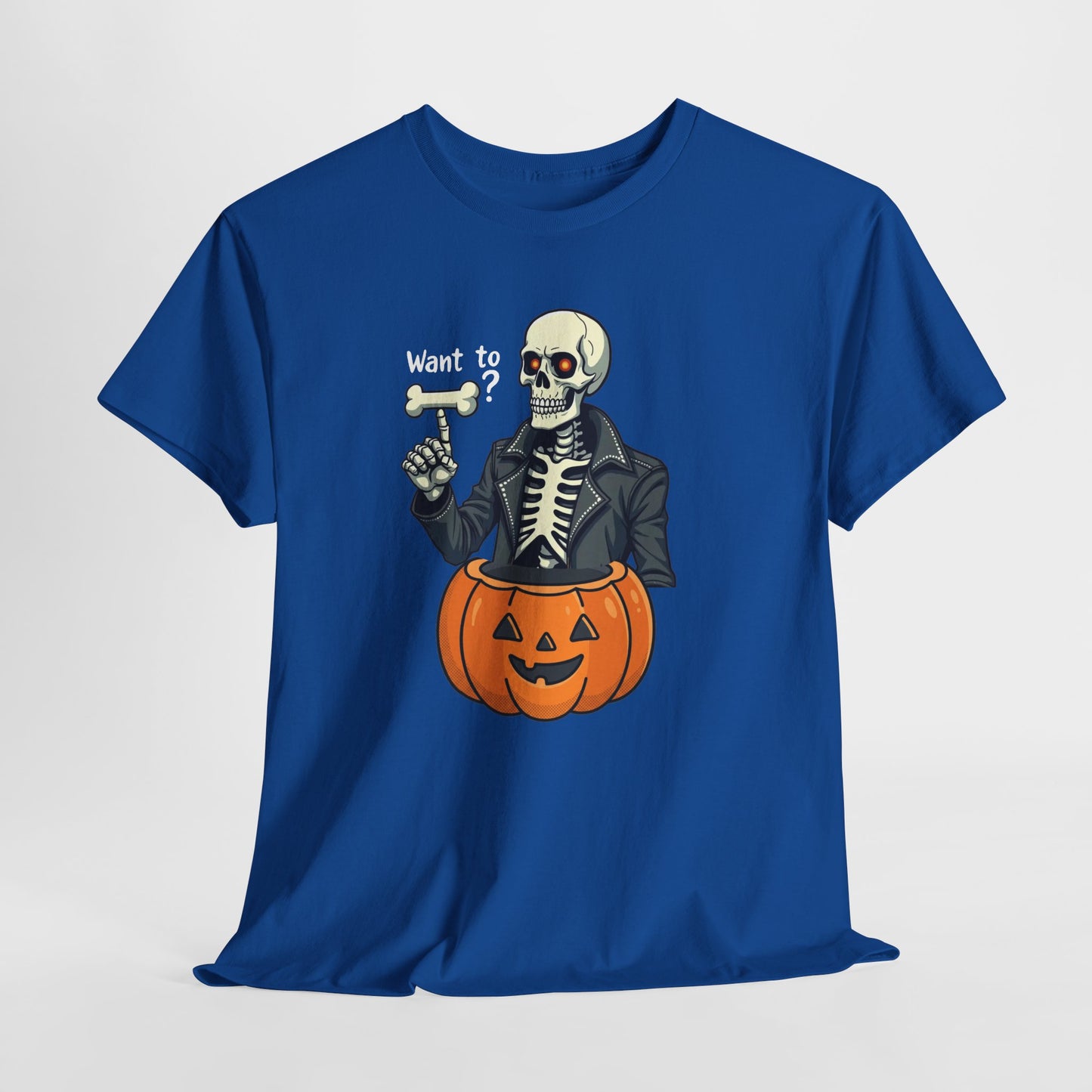 Halloween Skeleton Tee — 'Want to?' Pumpkin Jack-O'-Lantern Graphic Shirt