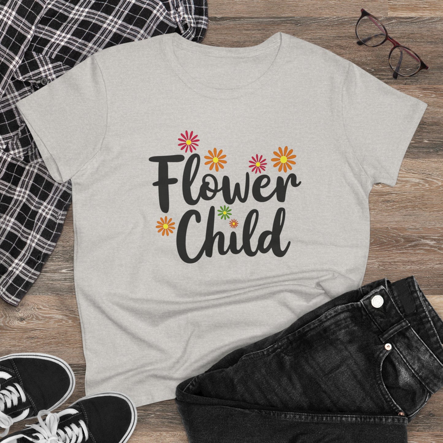 Flower Child Women's Midweight Cotton Tee - Boho Vintage Style Shirt for Everyday Wear - Psychonaut Swag