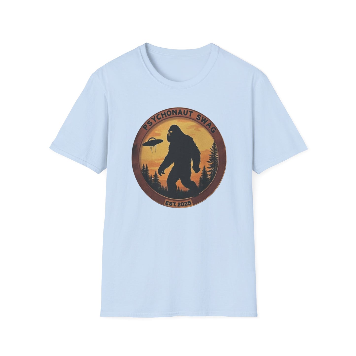 Bigfoot and UFO, Unisex Softstyle T-Shirt, Trendy Graphic Tee, Funny Bigfoot Shirt, Adventure Apparel, Gift for Nature Lovers