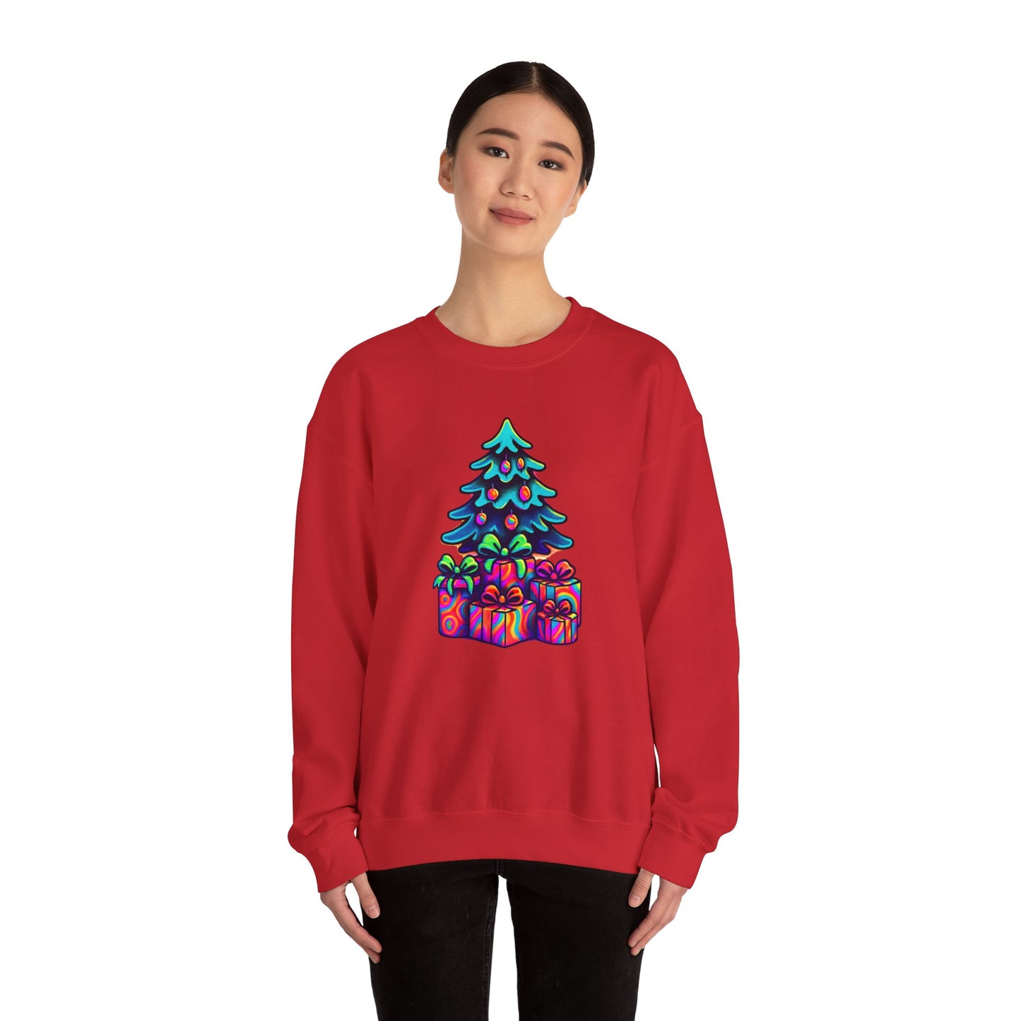 Psychedelic Christmas Tree Sweatshirt — Colorful Holiday Tree with Gifts Crewneck