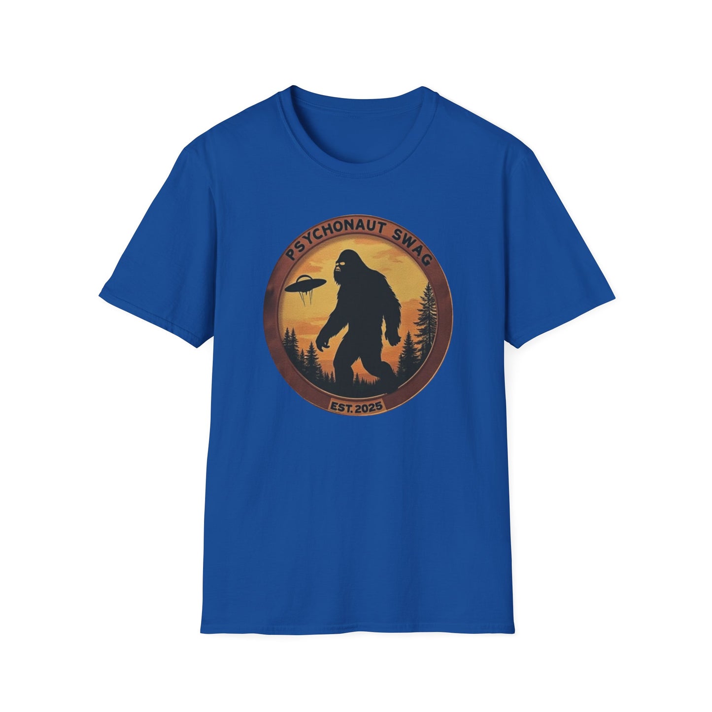 Bigfoot and UFO, Unisex Softstyle T-Shirt, Trendy Graphic Tee, Funny Bigfoot Shirt, Adventure Apparel, Gift for Nature Lovers