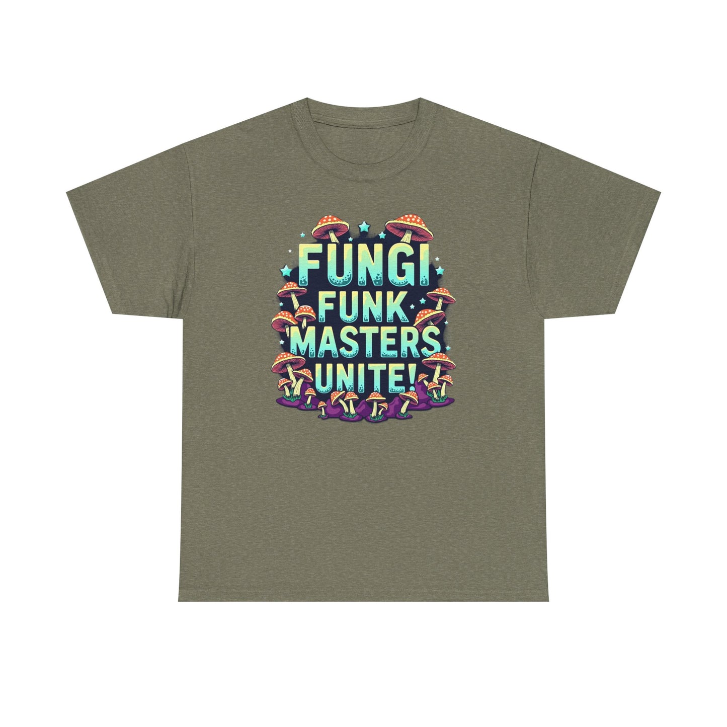 Fungi Funk Masters Unite Unisex Heavy Cotton Tee - Playful Mushroom Graphic T-Shirt - Psychonaut Swag