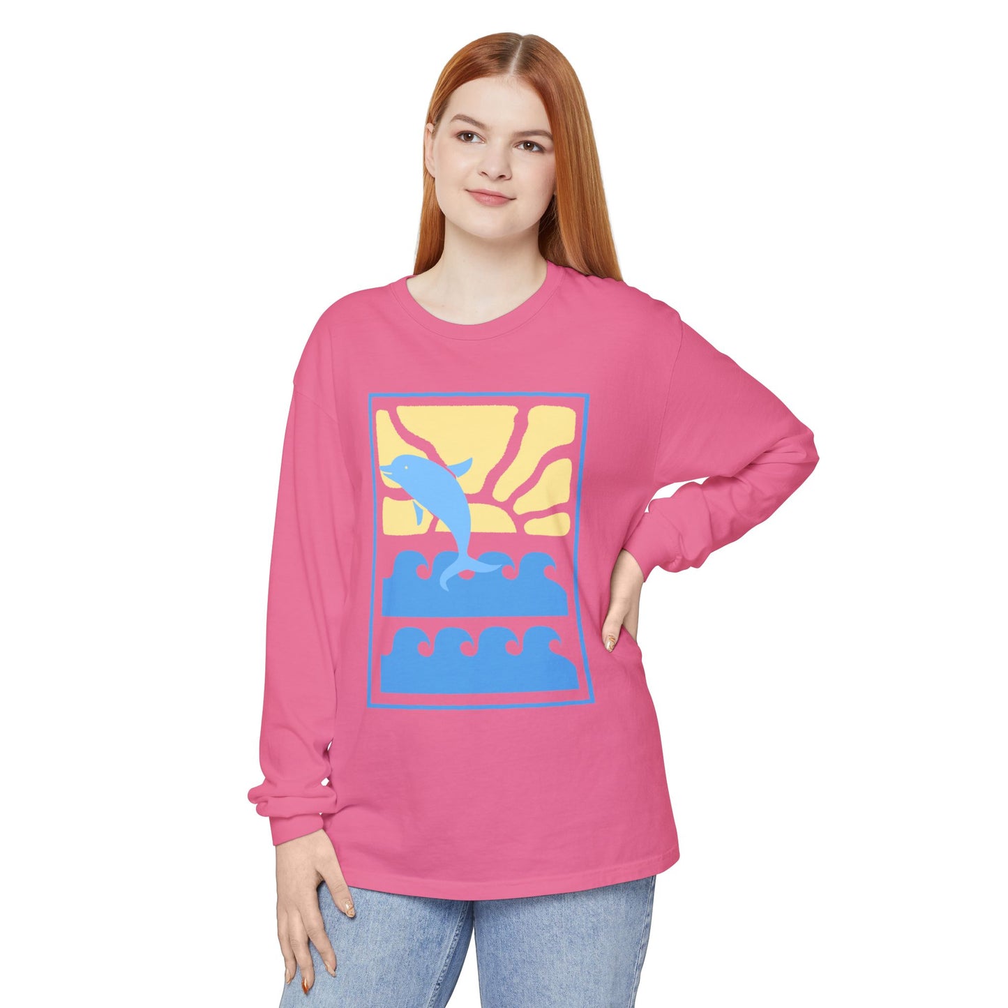 Sunset Dolphin Unisex Garment-dyed Long Sleeve T-Shirt - Psychonaut Swag